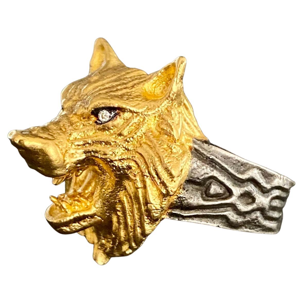 Round Cut Kitsch Wolf Cocktail Ring with Diamond Eyes, 24K Gold & Silver For Sale