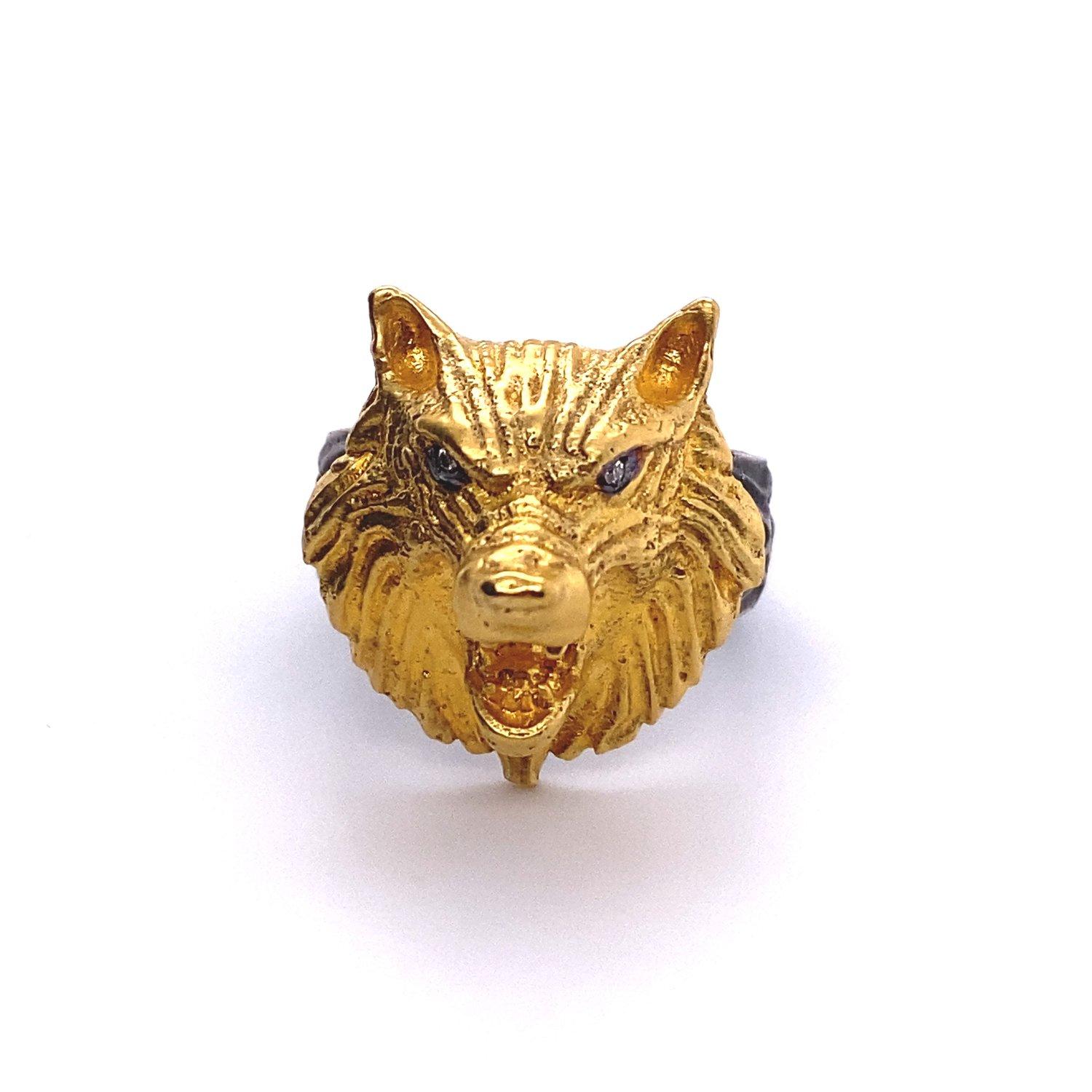 Kitsch Wolf Cocktail Ring with Diamond Eyes, 24K Gold & Silver In New Condition For Sale In Bozeman, MT