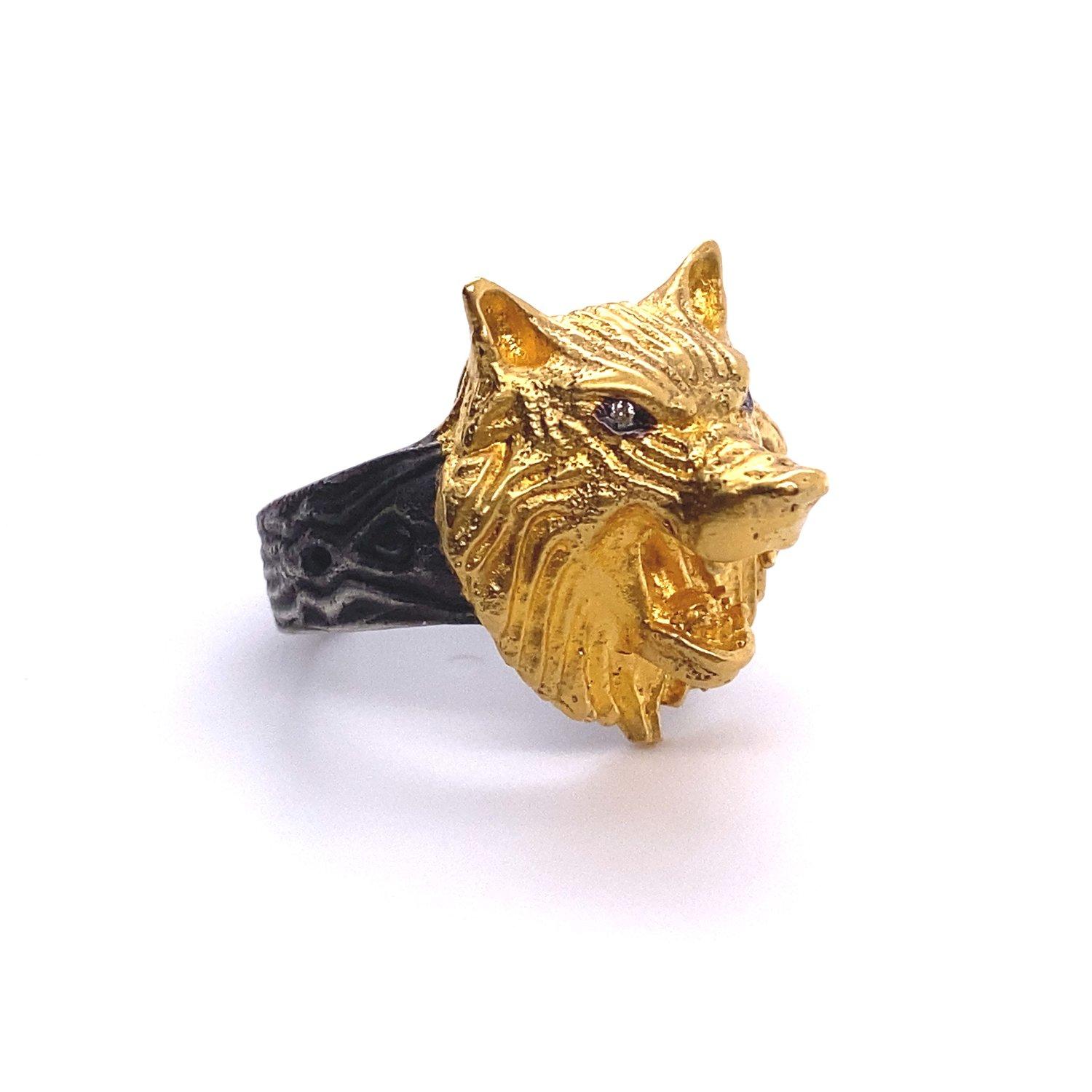 Women's or Men's Kitsch Wolf Cocktail Ring with Diamond Eyes, 24K Gold & Silver For Sale