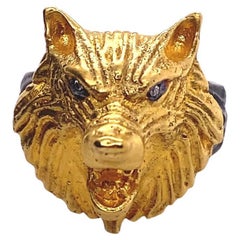 Kitsch Wolf Cocktail Ring with Diamond Eyes, 24K Gold & Silver