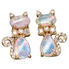 Kitten Cat Australian Opal Diamond Screw Back Stud Earrings 18K Gold