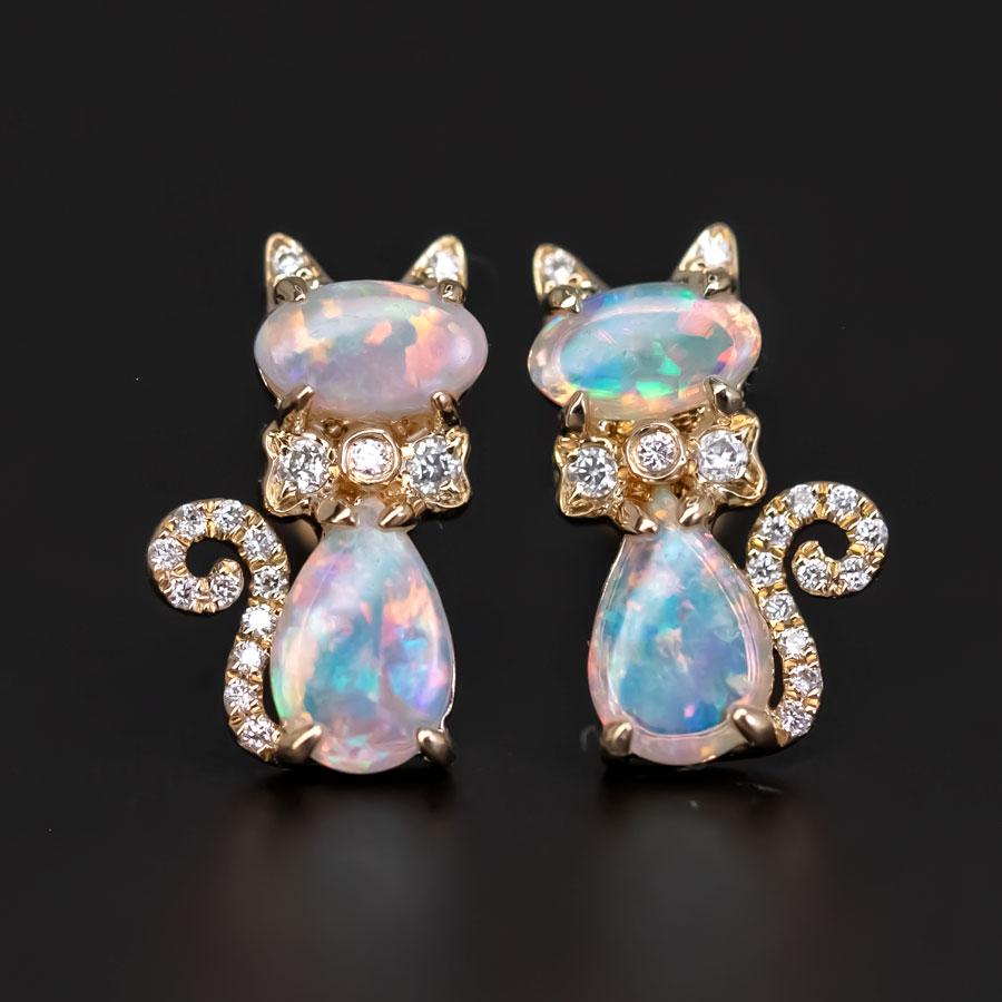 Boucles d'oreilles chaton chat d'Australie Opale Diamant Or 14K Neuf - En vente à Suwanee, GA