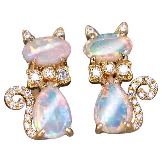 Boucles d'oreilles chaton chat d'Australie Opale Diamant Or 14K en vente