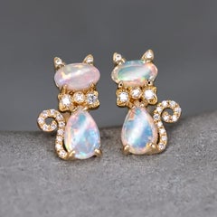 Kitten Cat Australian Solid Opal Diamond Stud Earrings 14K Yellow Gold