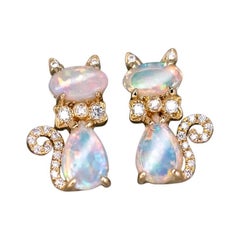 Kitten Cat Australian Solid Opal Diamond Stud Earrings 14K Yellow Gold