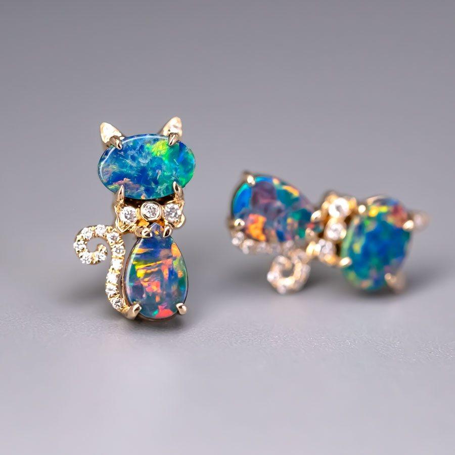 Kätzchen Katze Doublet Opal Diamant Ohrstecker 18K Gelbgold im Zustand „Neu“ im Angebot in Suwanee, GA