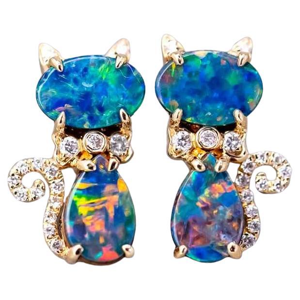 Kätzchen Katze Doublet Opal Diamant Ohrstecker 18K Gelbgold