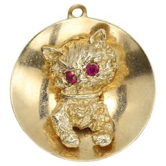14 Karat Kitten Charm Circa 1940's Natural Ruby Vintage Cat