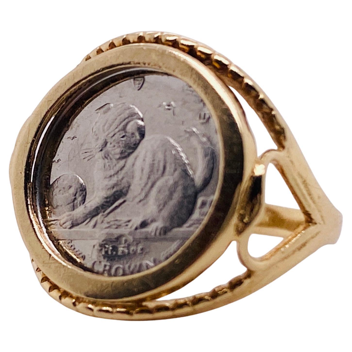 Kitten Platinum Coin 1/25oz 2000 in 14K Gold Bezel Ring Heart Beaded Accent For Sale