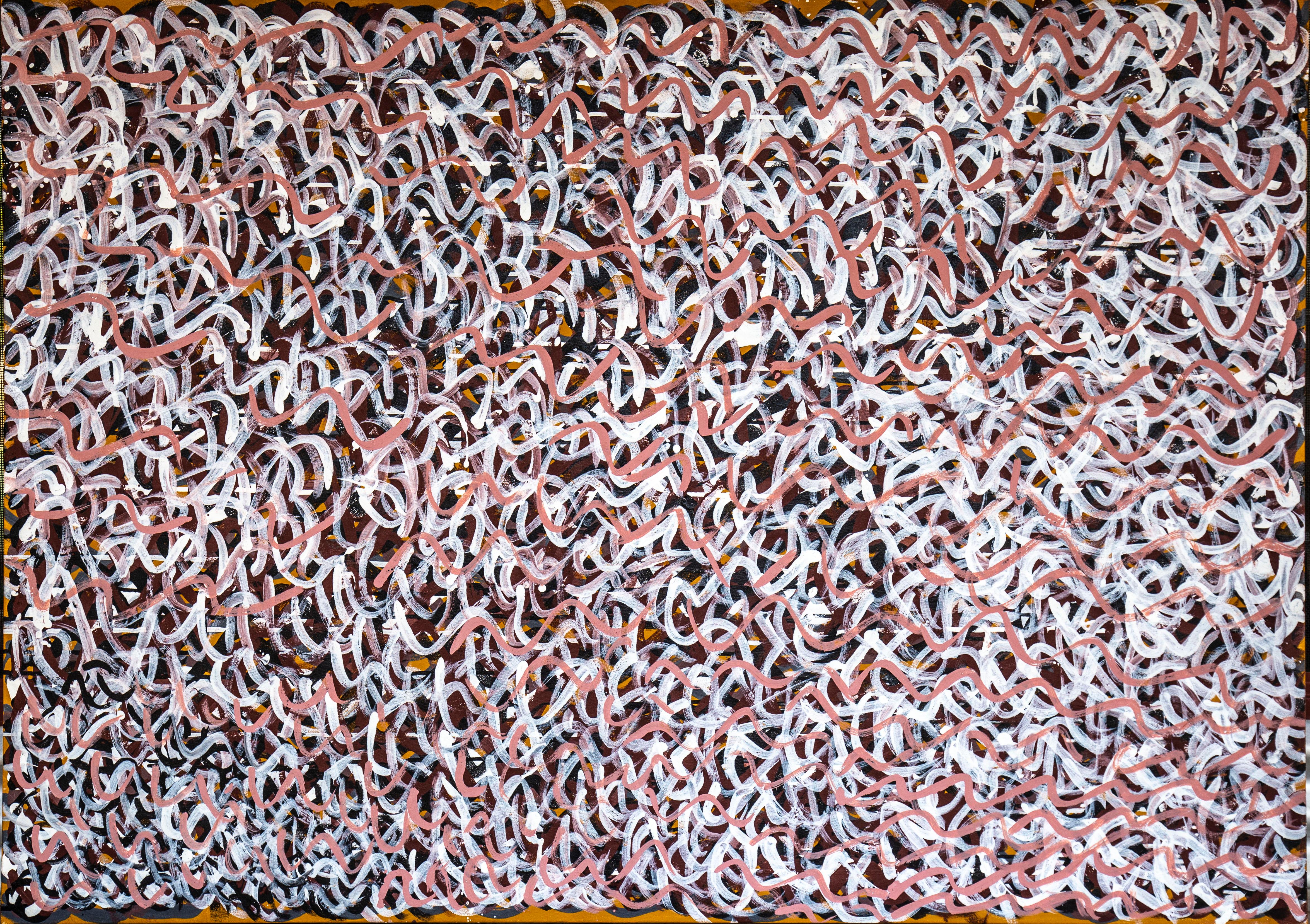 Kittey Malarvie Abstract Painting - Milkwater. Abstract Aboriginal painting about water in ocher and pigments