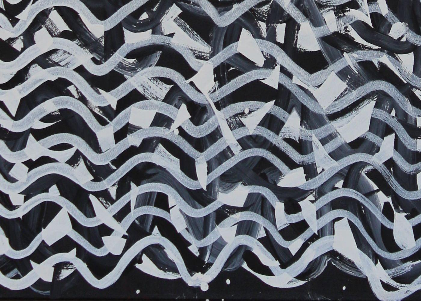 Milkwater. Black and white abstract Aboriginal painting about water. Ocher. - Painting by Kittey Malarvie