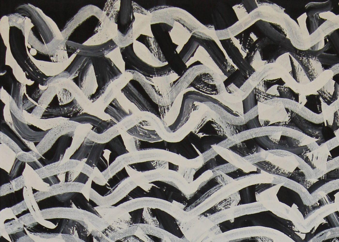 Milkwater. Black and white abstract Aboriginal painting about water. Ocher. - Abstract Expressionist Painting by Kittey Malarvie