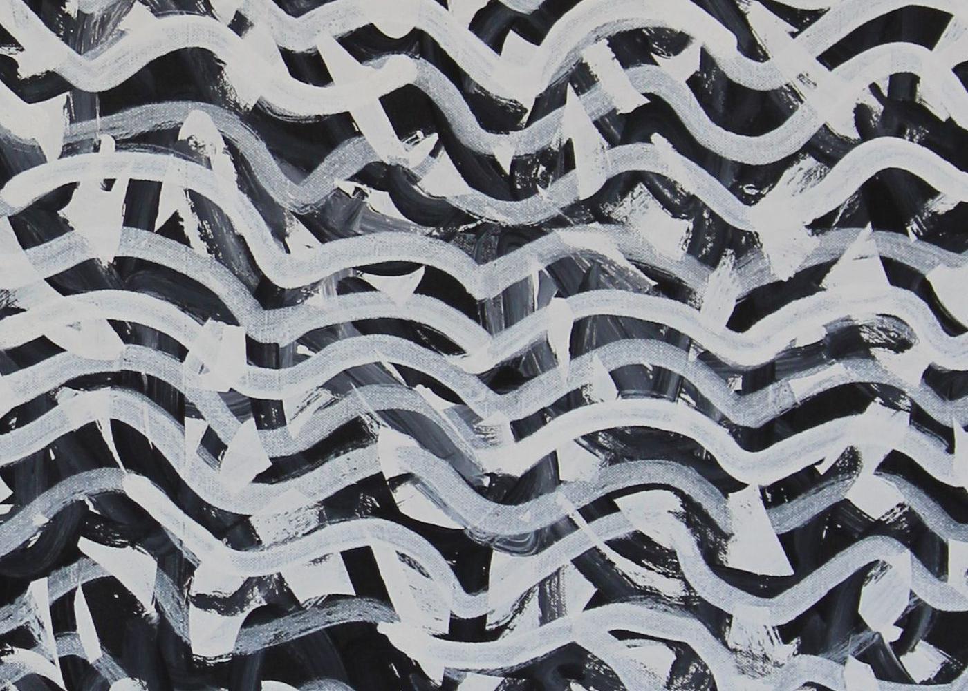 Milkwater. Black and white abstract Aboriginal painting about water. Ocher. For Sale 1