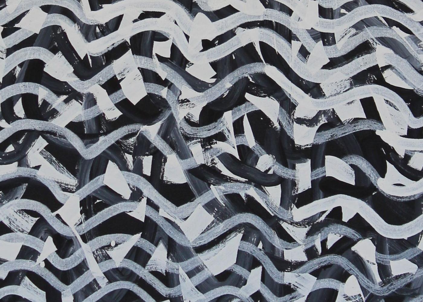 Milkwater. Black and white abstract Aboriginal painting about water. Ocher. For Sale 2