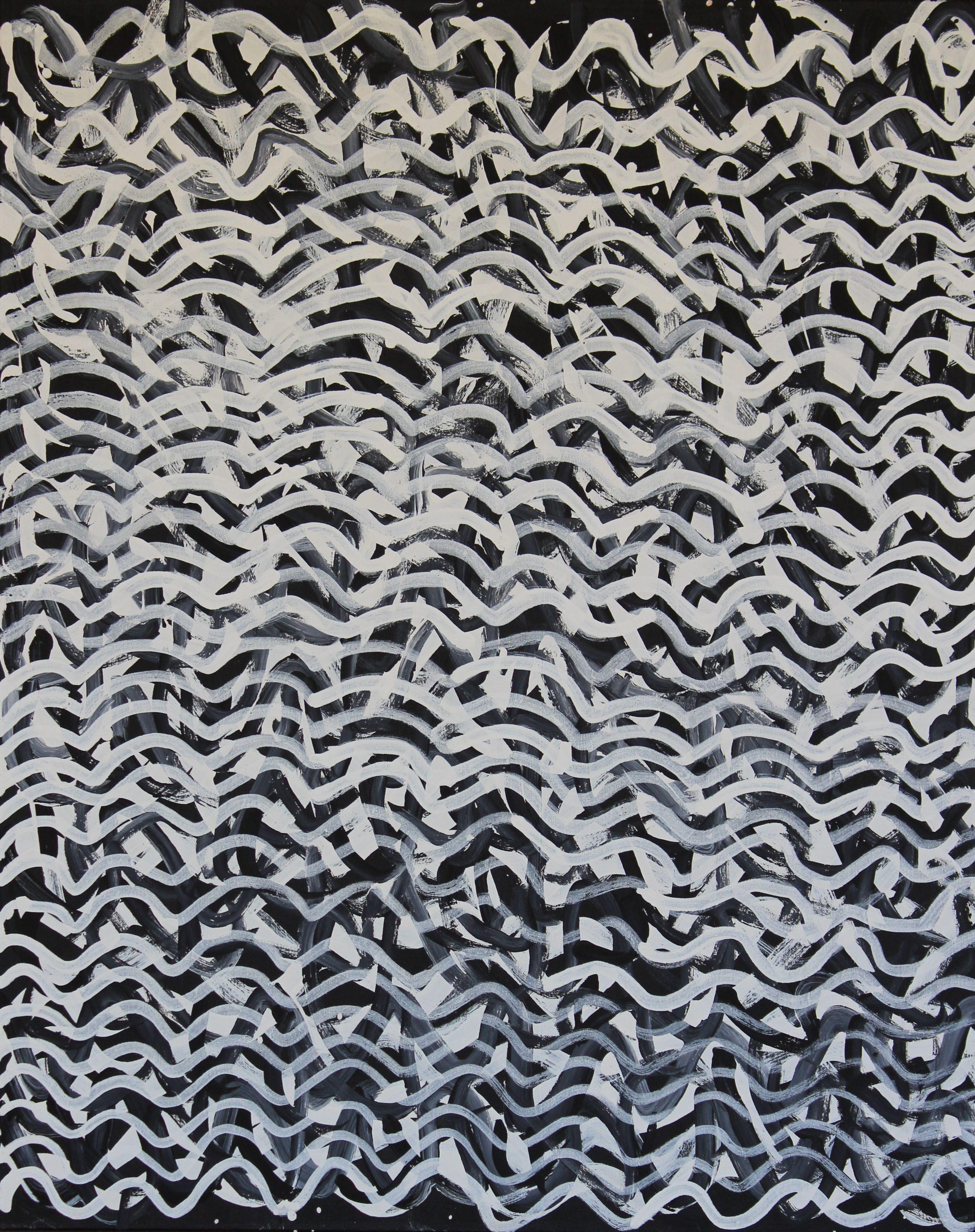 Kittey Malarvie Landscape Painting - Milkwater. Black and white abstract Aboriginal painting about water. Ocher.