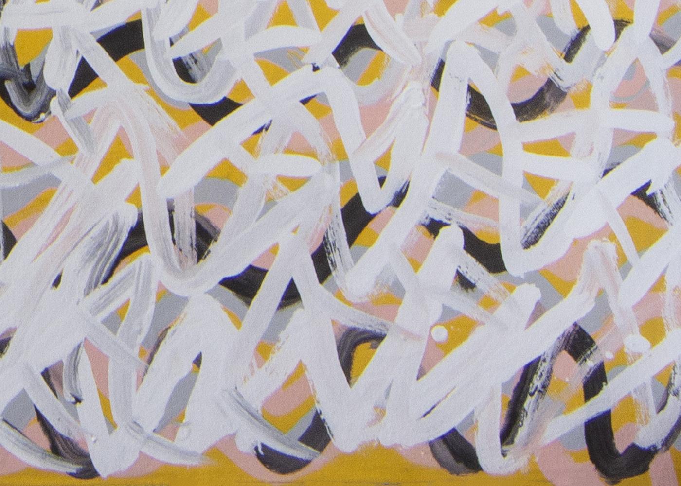 Milkwater - Sturt Creek, abstract painting in yellow, pink, white, black. - Abstract Expressionist Painting by Kittey Malarvie
