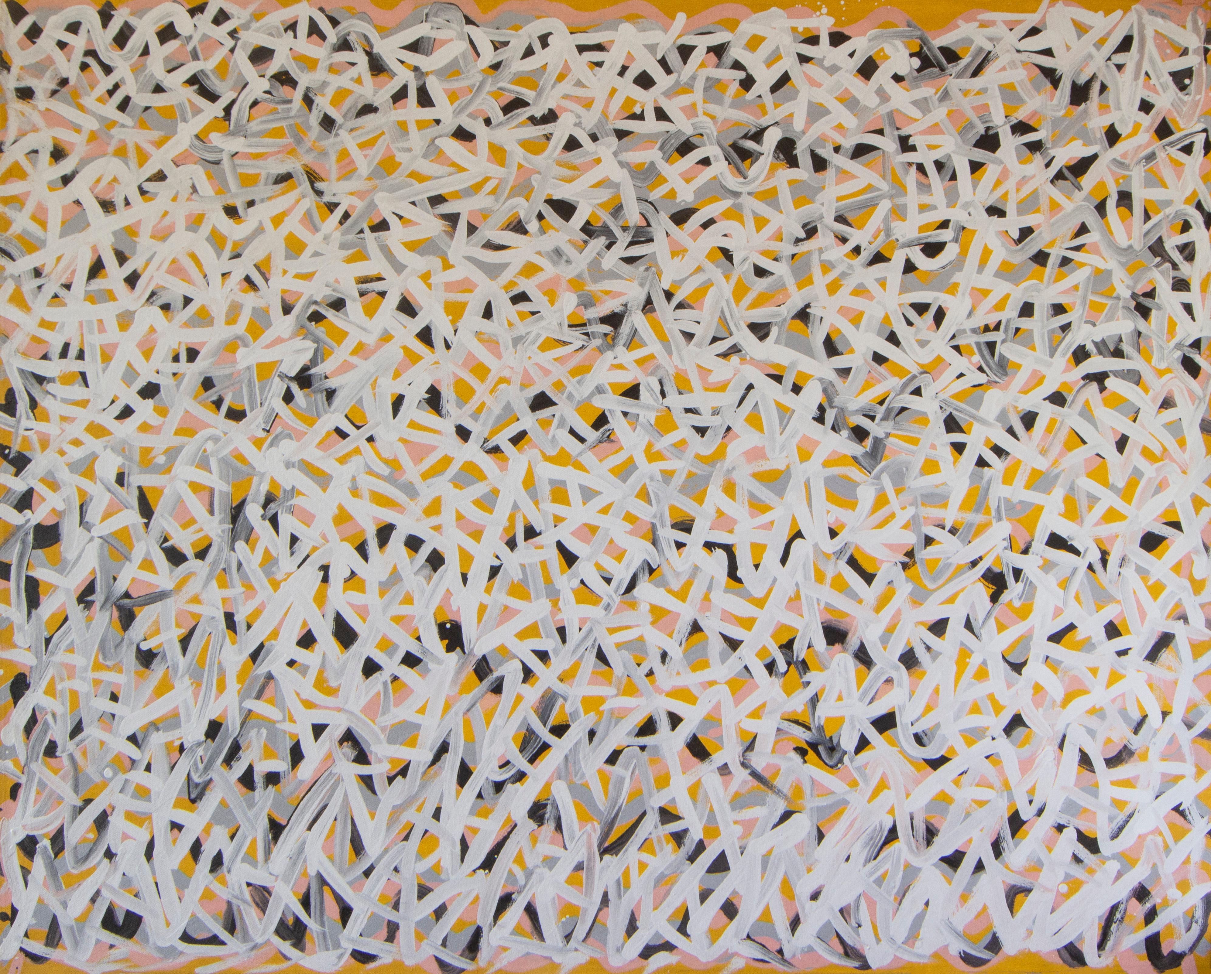 Kittey Malarvie Abstract Painting - Milkwater - Sturt Creek, abstract painting in yellow, pink, white, black.