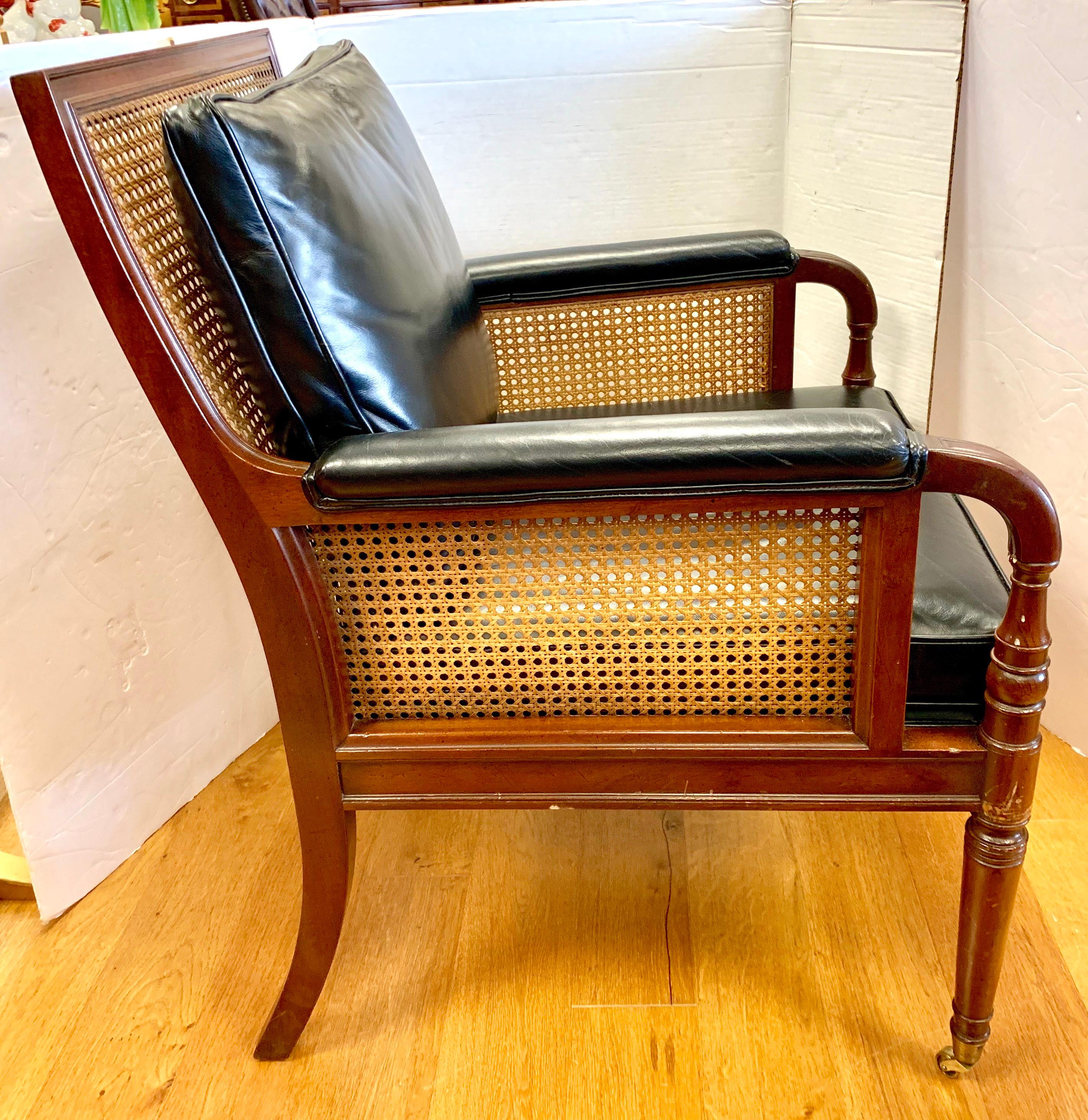 Mid-20th Century Kittiinger Black Leather Cane Chair with Ottoman