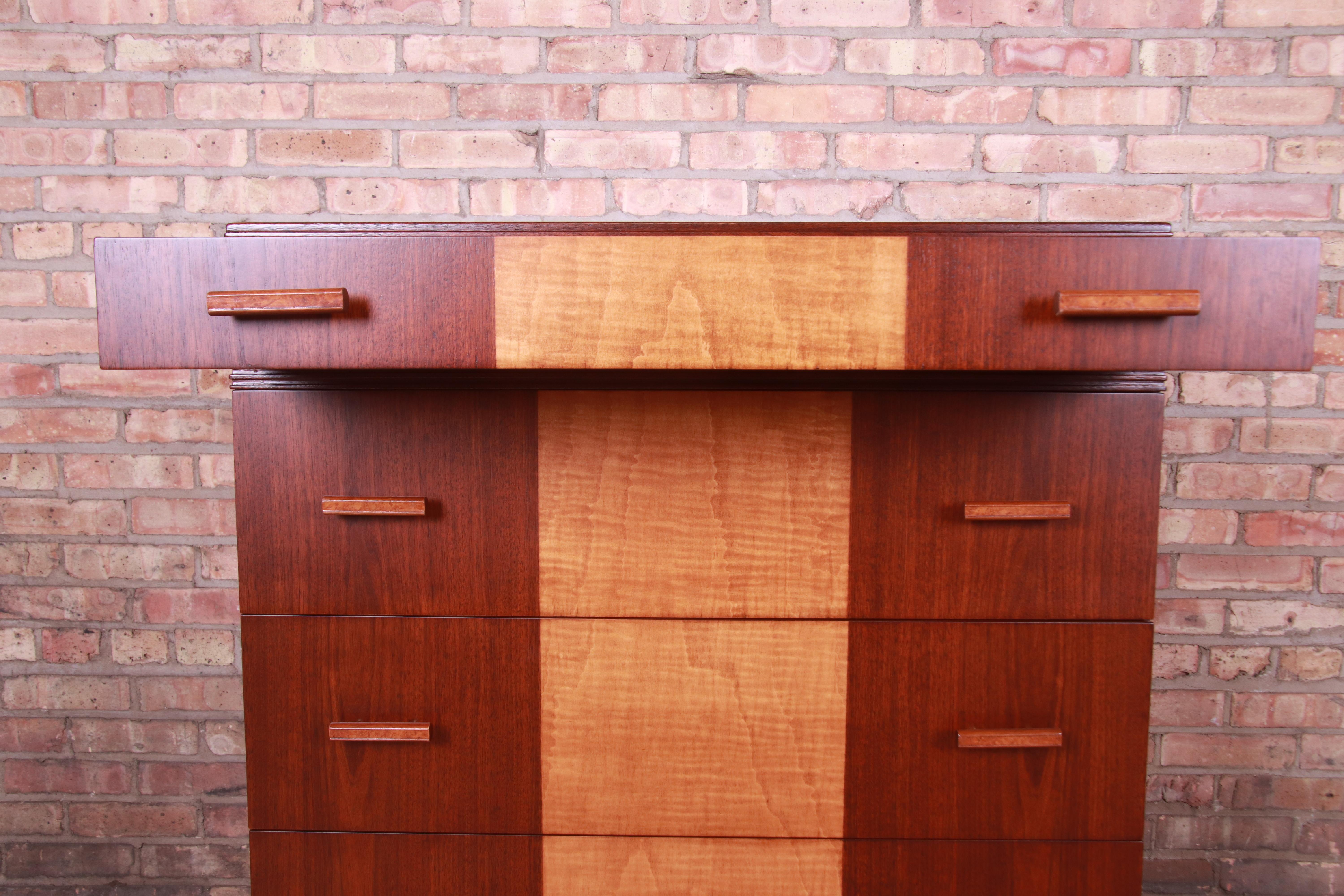 Kittinger Art Deco Walnut and Maple Highboy Dresser, Newly Refinished 5
