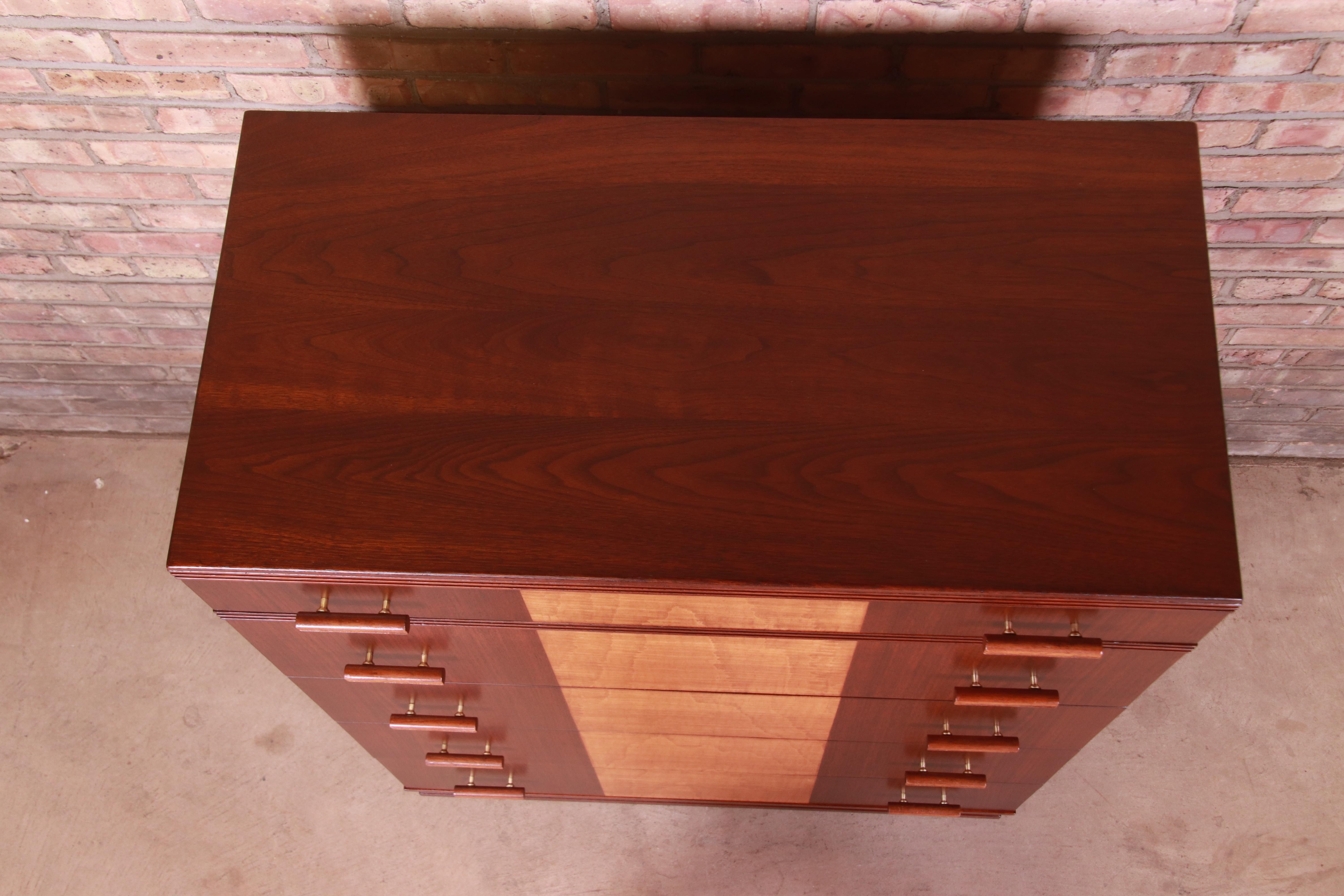 Kittinger Art Deco Walnut and Maple Highboy Dresser, Newly Refinished 10