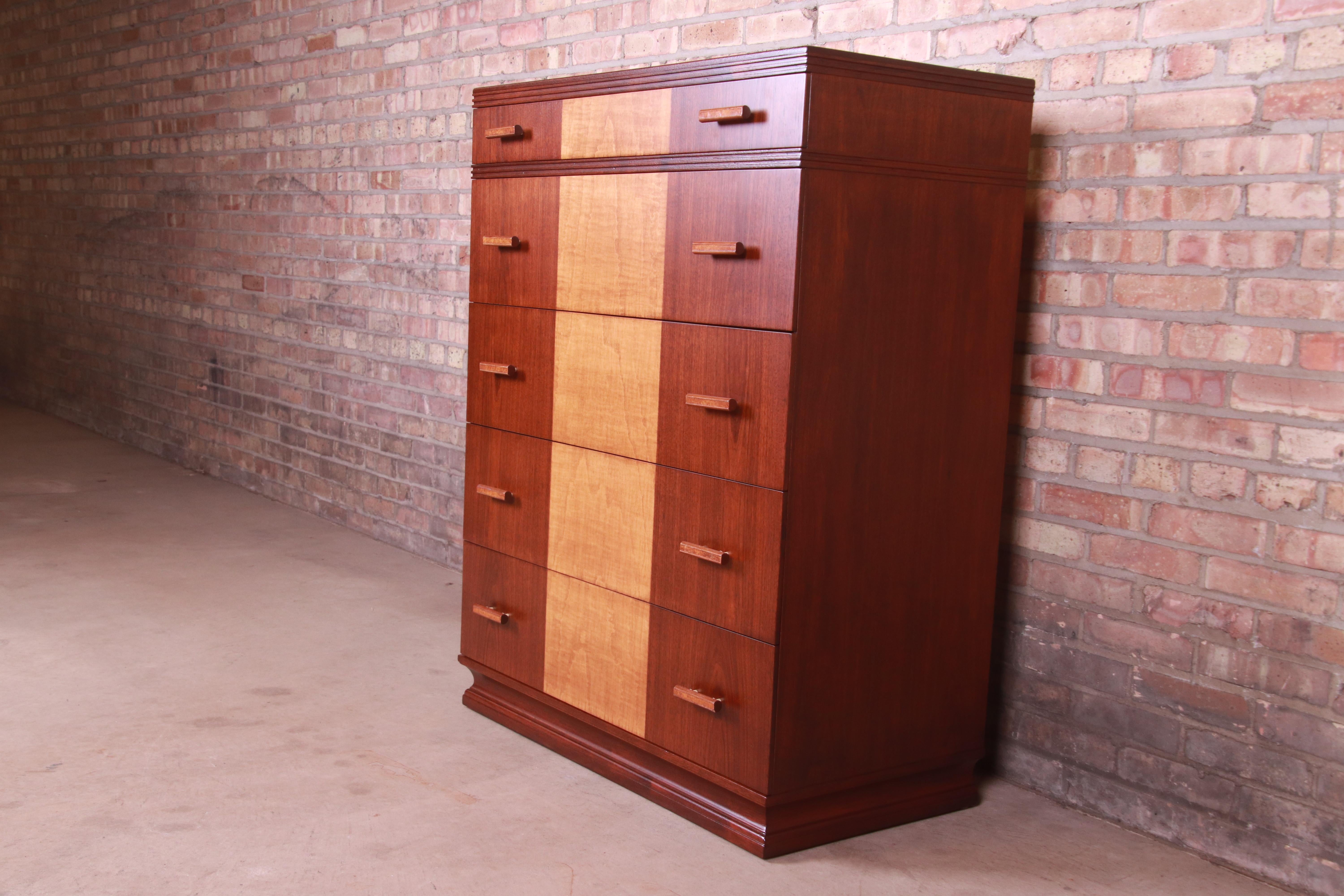 Kittinger Art Deco Walnut and Maple Highboy Dresser, Newly Refinished In Good Condition In South Bend, IN