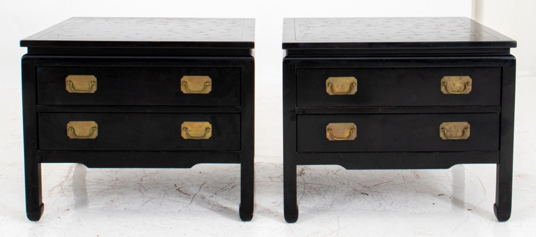 Pair of Kittinger Asian modern lamp tables, with etched floral pattern to the surface of the table, comprising of two drawers with brass pulls, stamped with maker's mark to inside of drawer. 23