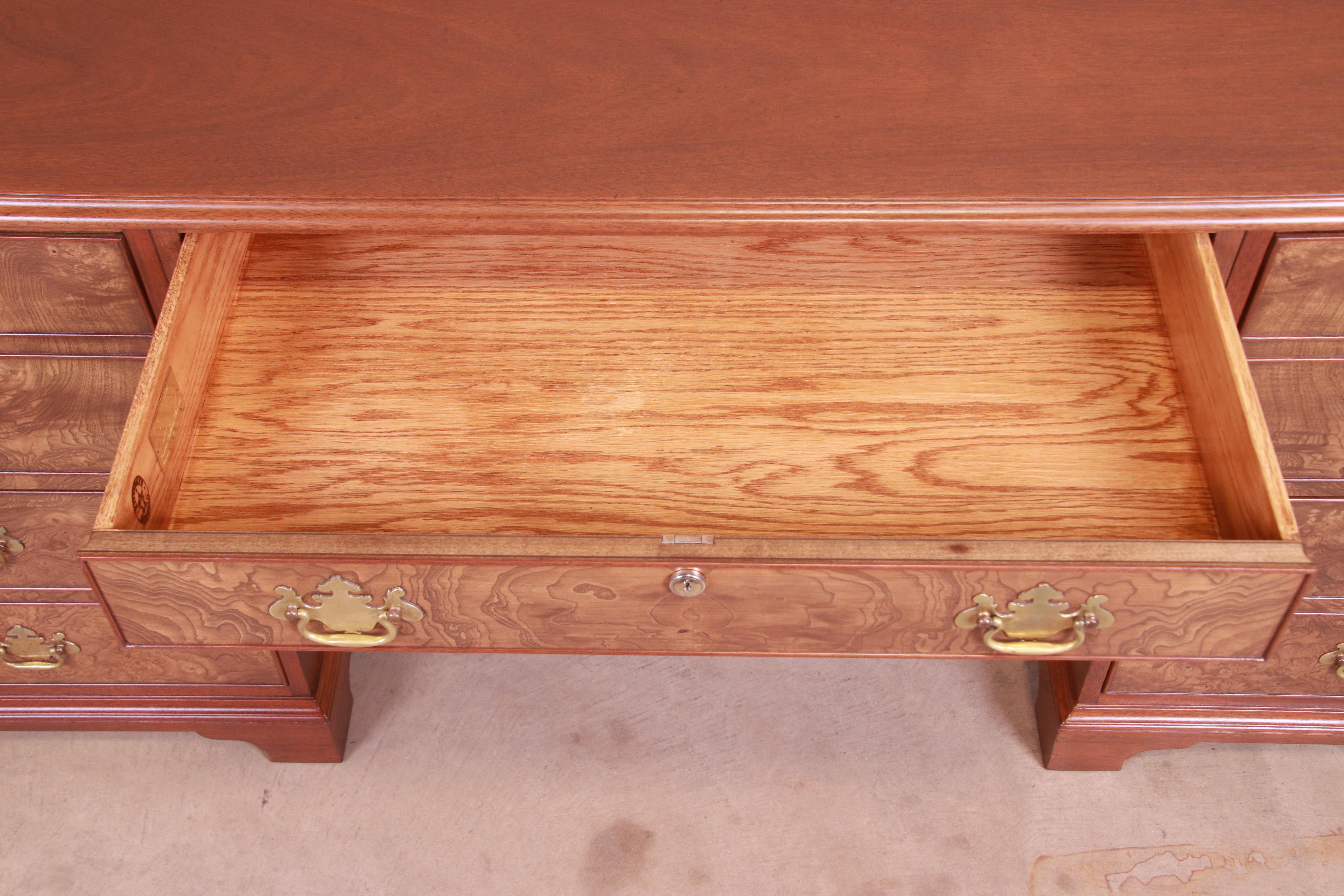 Kittinger Chippendale Burled Walnut and Mahogany Desk or Credenza, Refinished For Sale 2