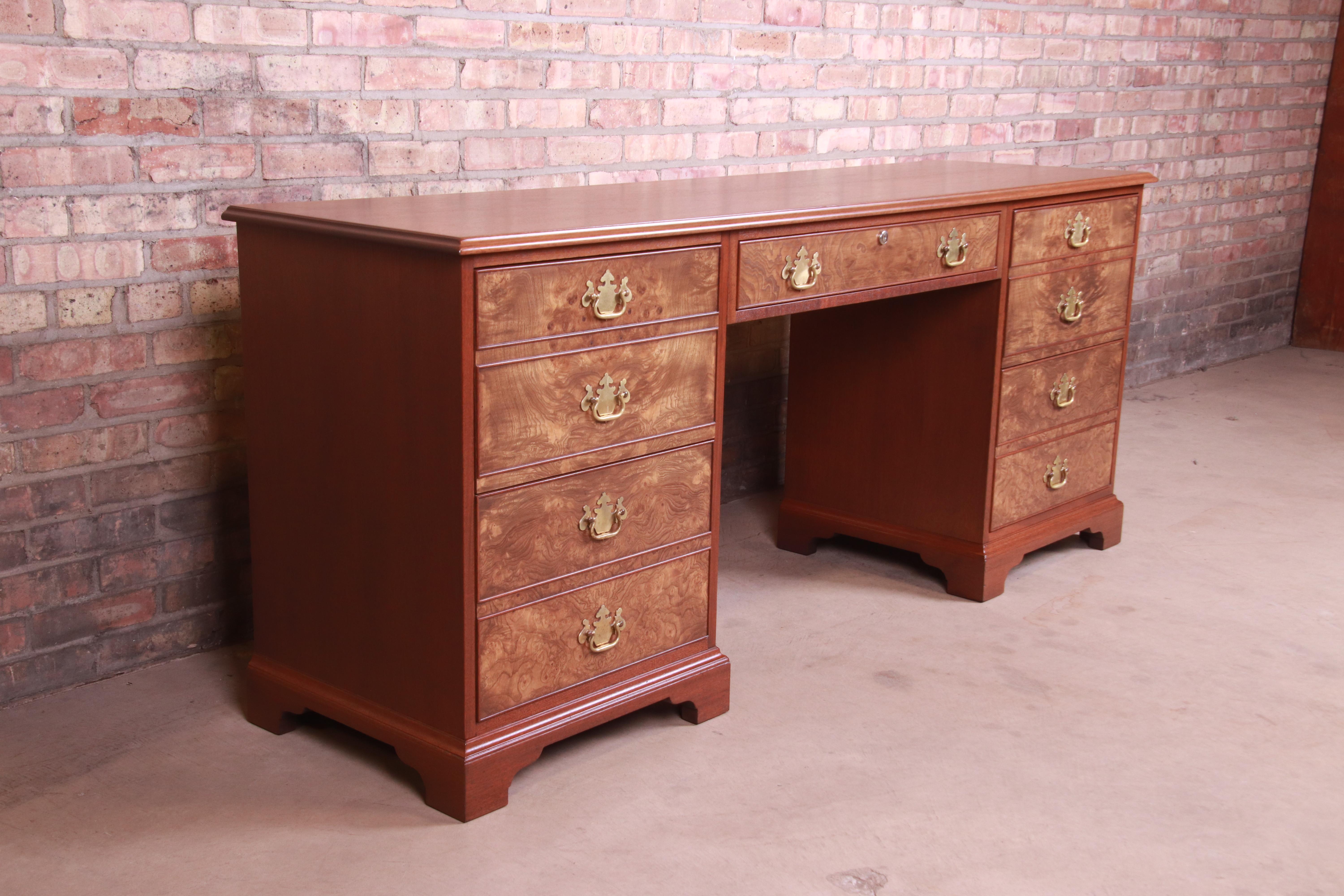 American Kittinger Chippendale Burled Walnut and Mahogany Desk or Credenza, Refinished For Sale