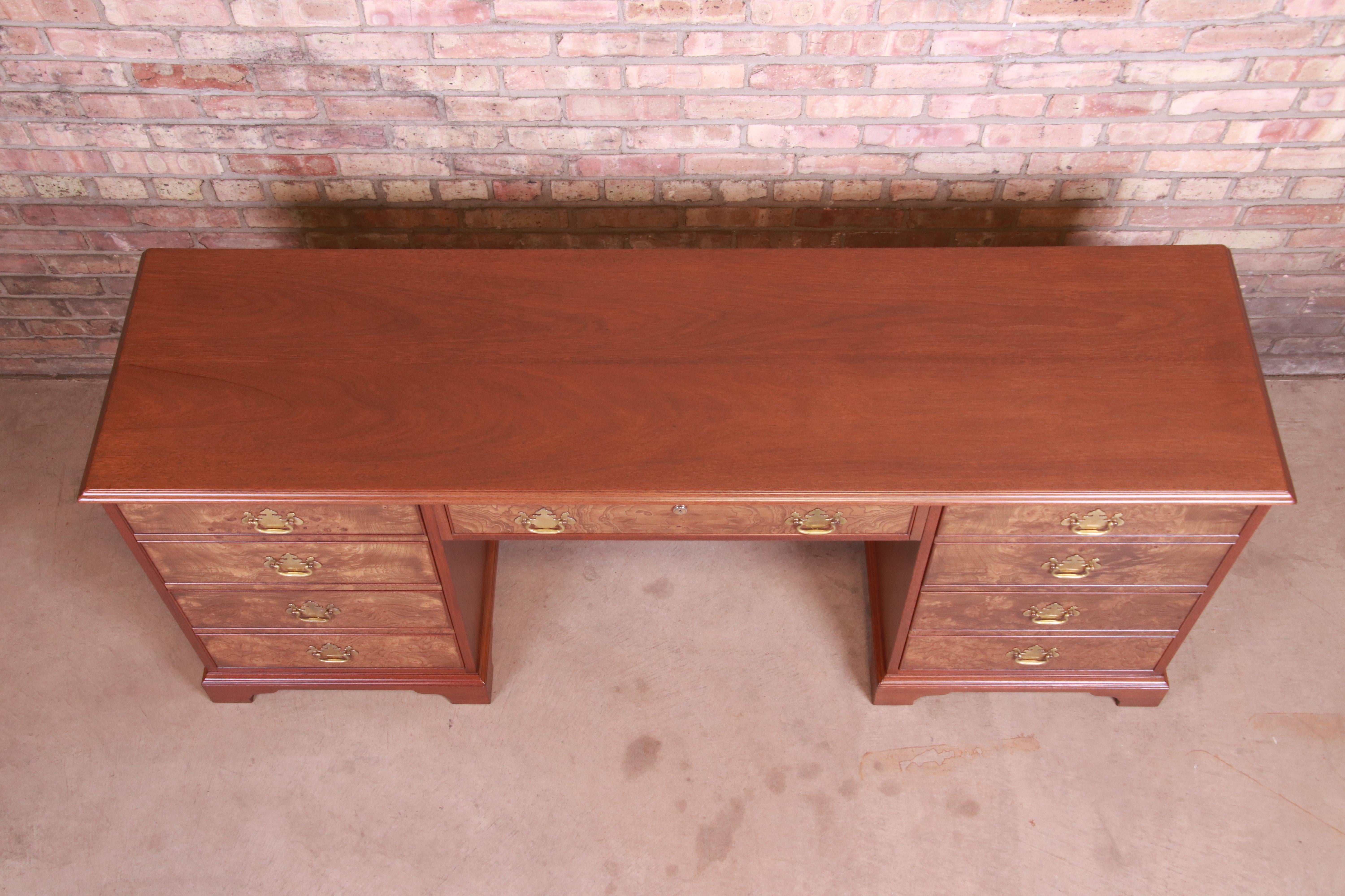 Kittinger Chippendale Burled Walnut and Mahogany Desk or Credenza, Refinished In Good Condition For Sale In South Bend, IN