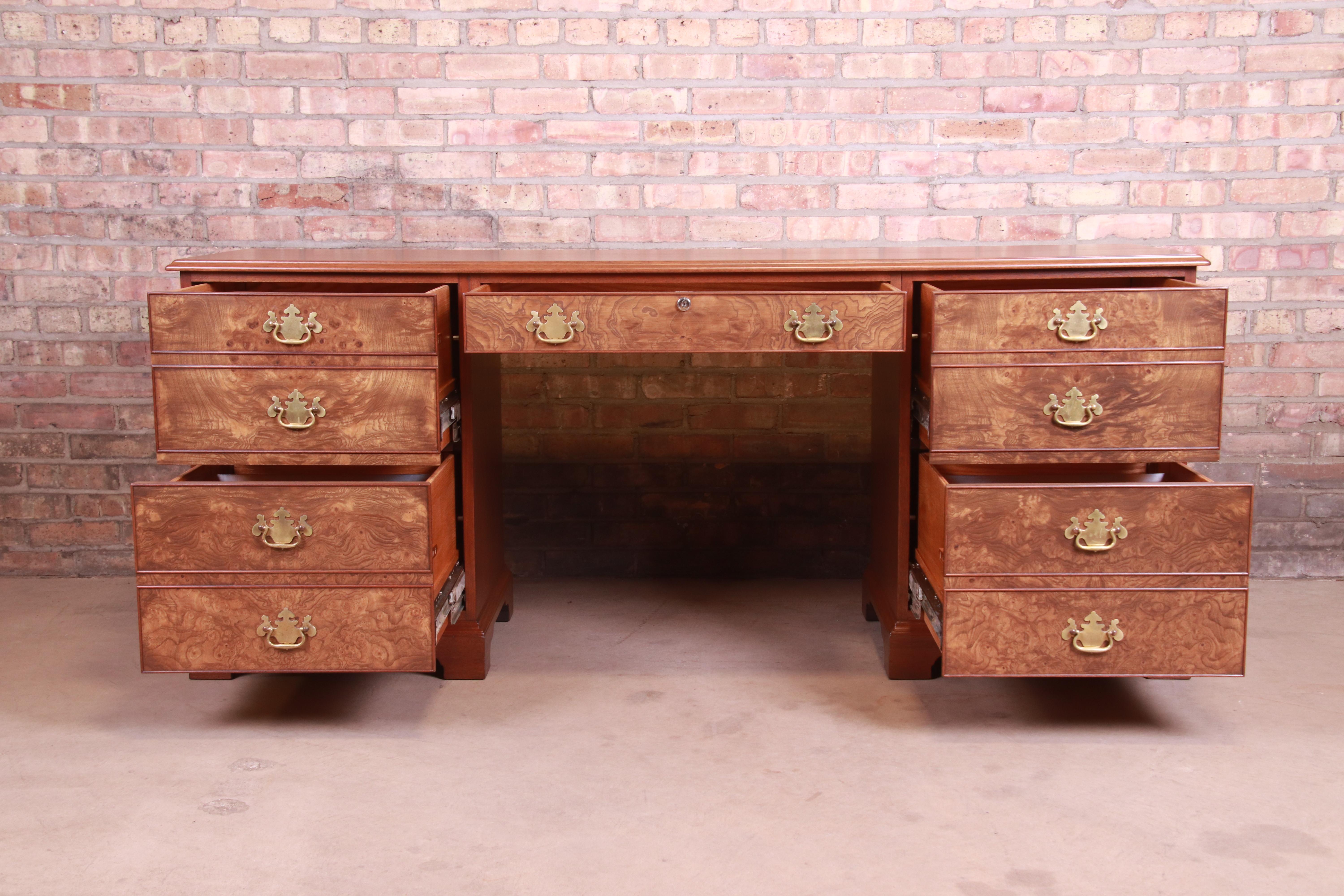 20th Century Kittinger Chippendale Burled Walnut and Mahogany Desk or Credenza, Refinished For Sale