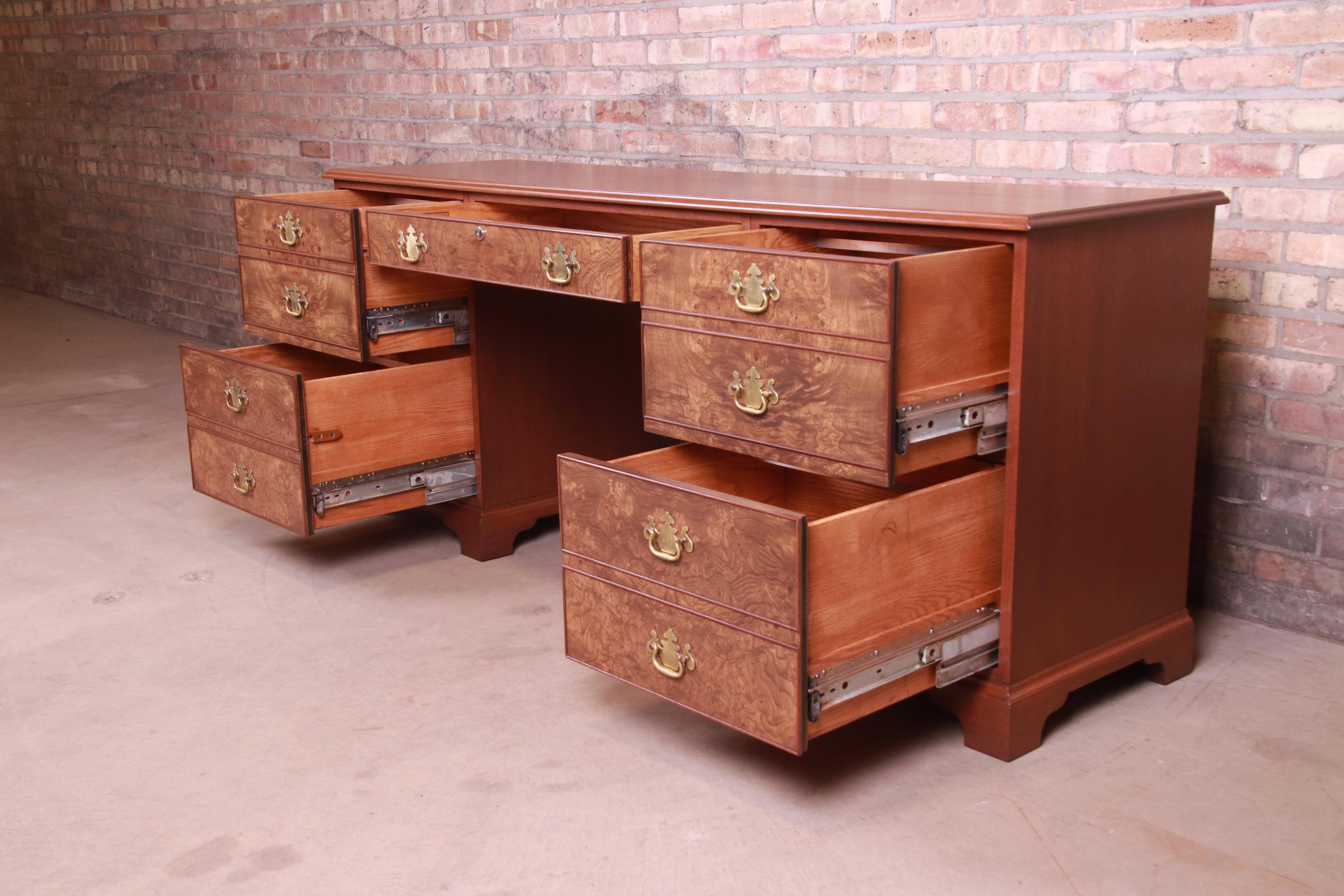 Brass Kittinger Chippendale Burled Walnut and Mahogany Desk or Credenza, Refinished For Sale