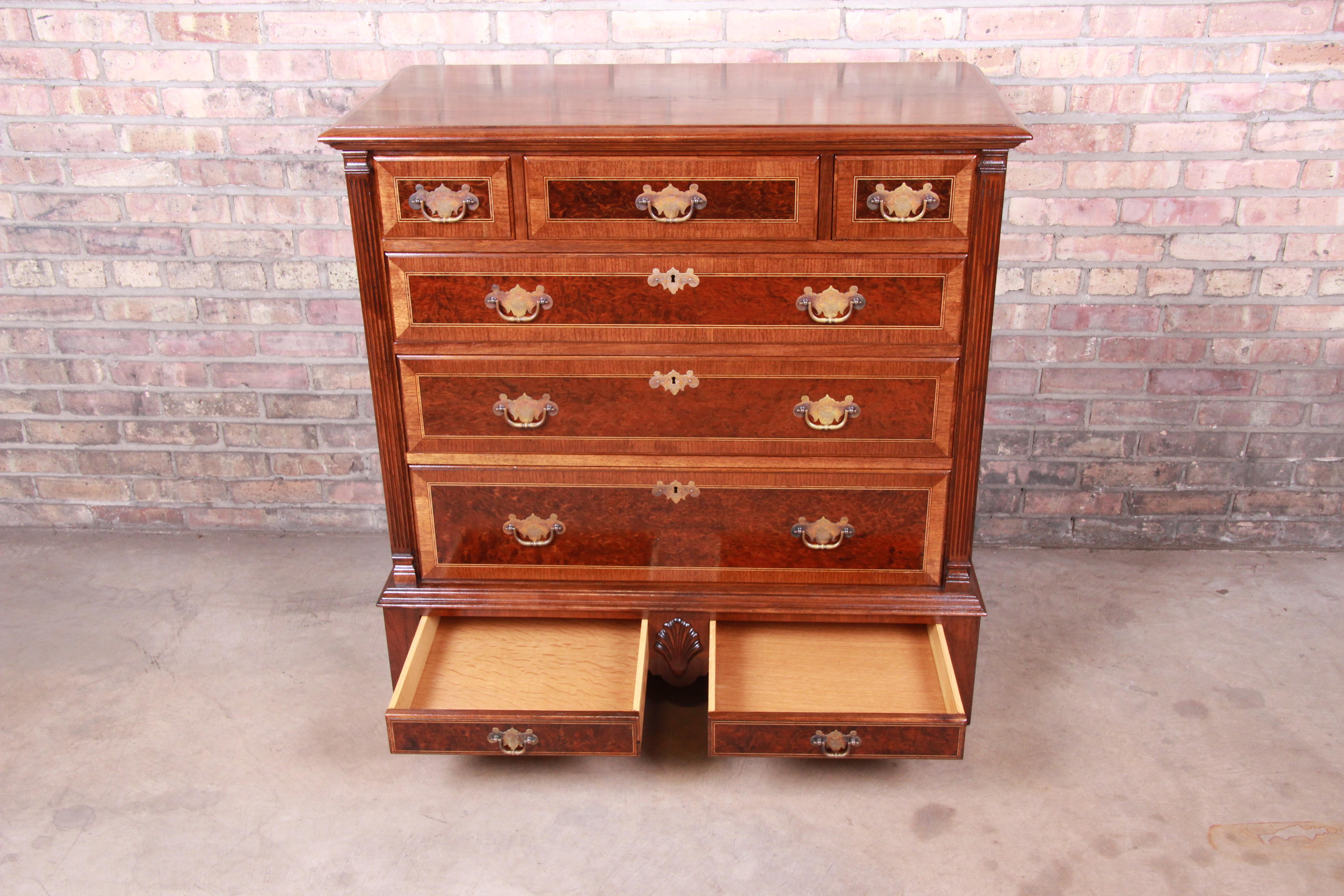 Kittinger Chippendale Burled Walnut Eight-Drawer Dresser Chest, Newly Restored In Good Condition For Sale In South Bend, IN