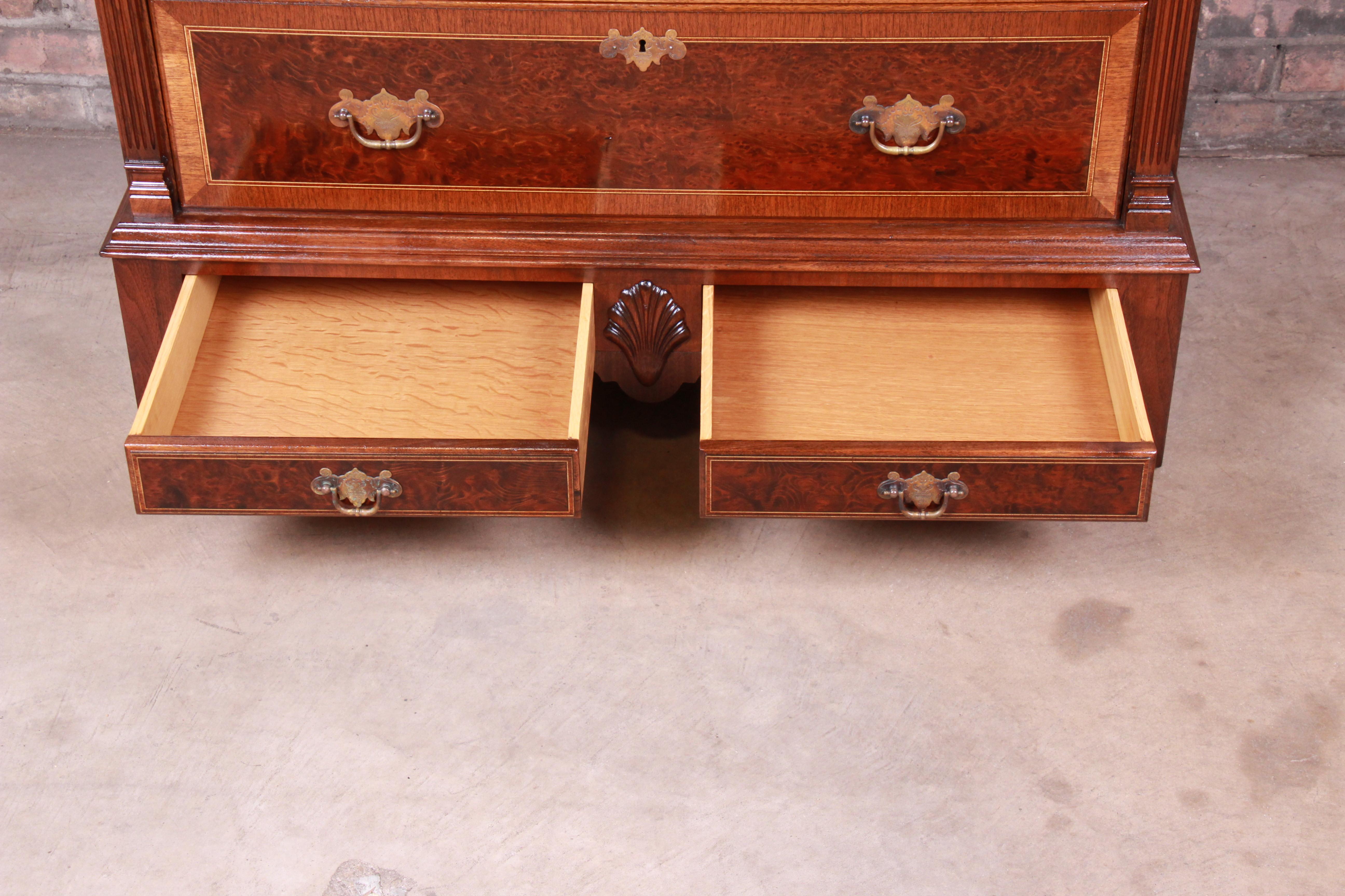 20th Century Kittinger Chippendale Burled Walnut Eight-Drawer Dresser Chest, Newly Restored For Sale