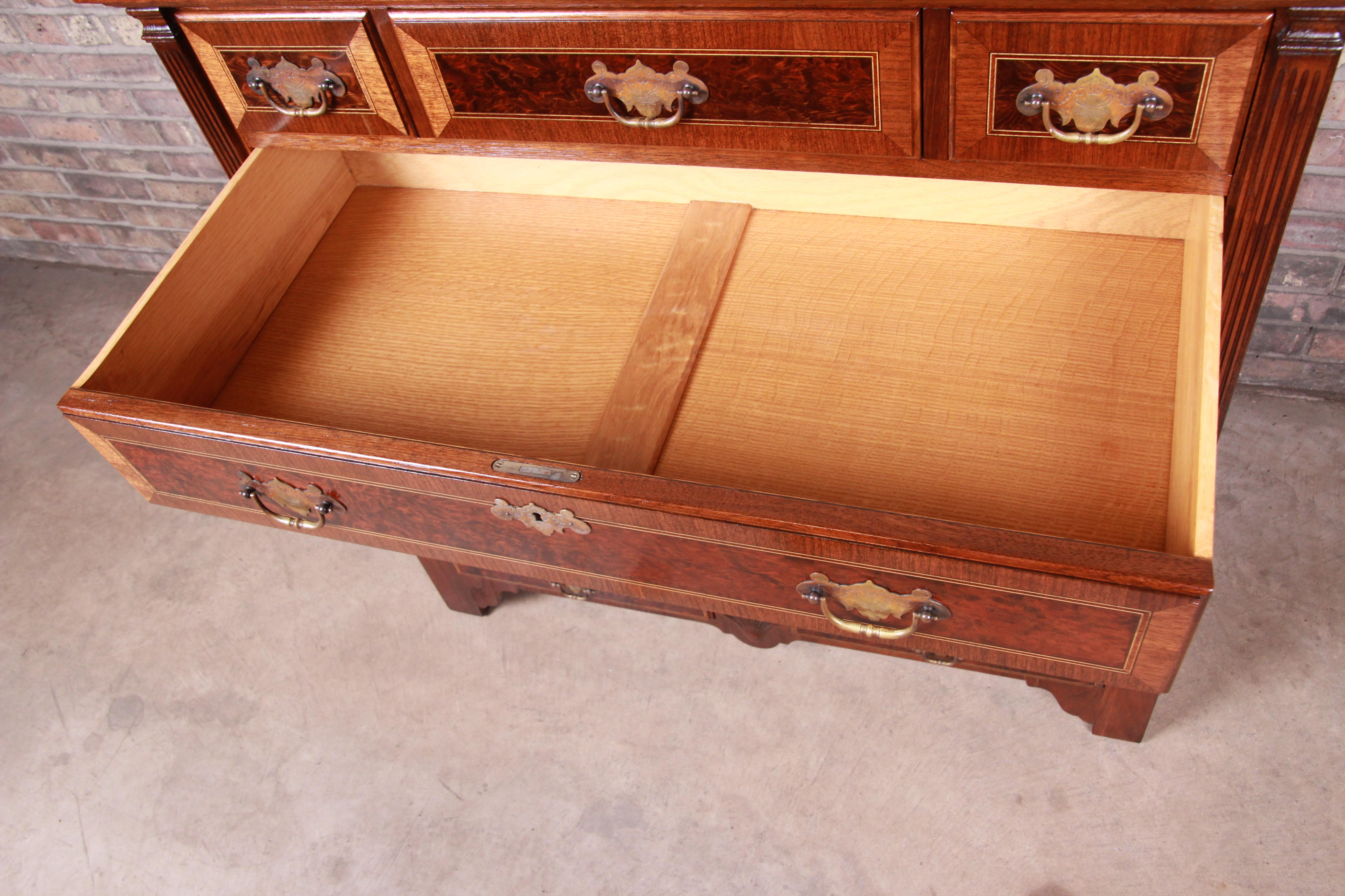 Brass Kittinger Chippendale Burled Walnut Eight-Drawer Dresser Chest, Newly Restored For Sale