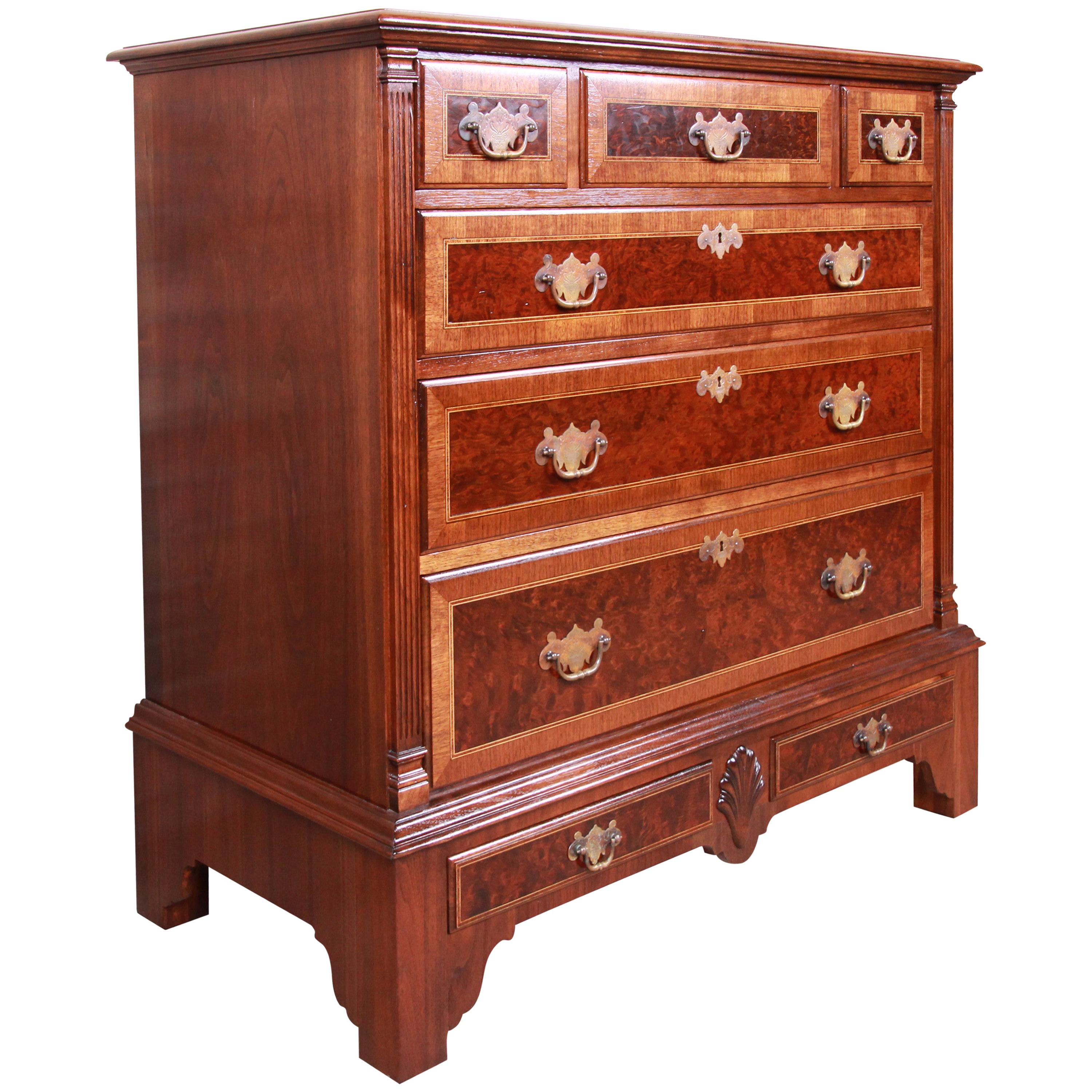 Kittinger Chippendale Burled Walnut Eight-Drawer Dresser Chest, Newly Restored For Sale