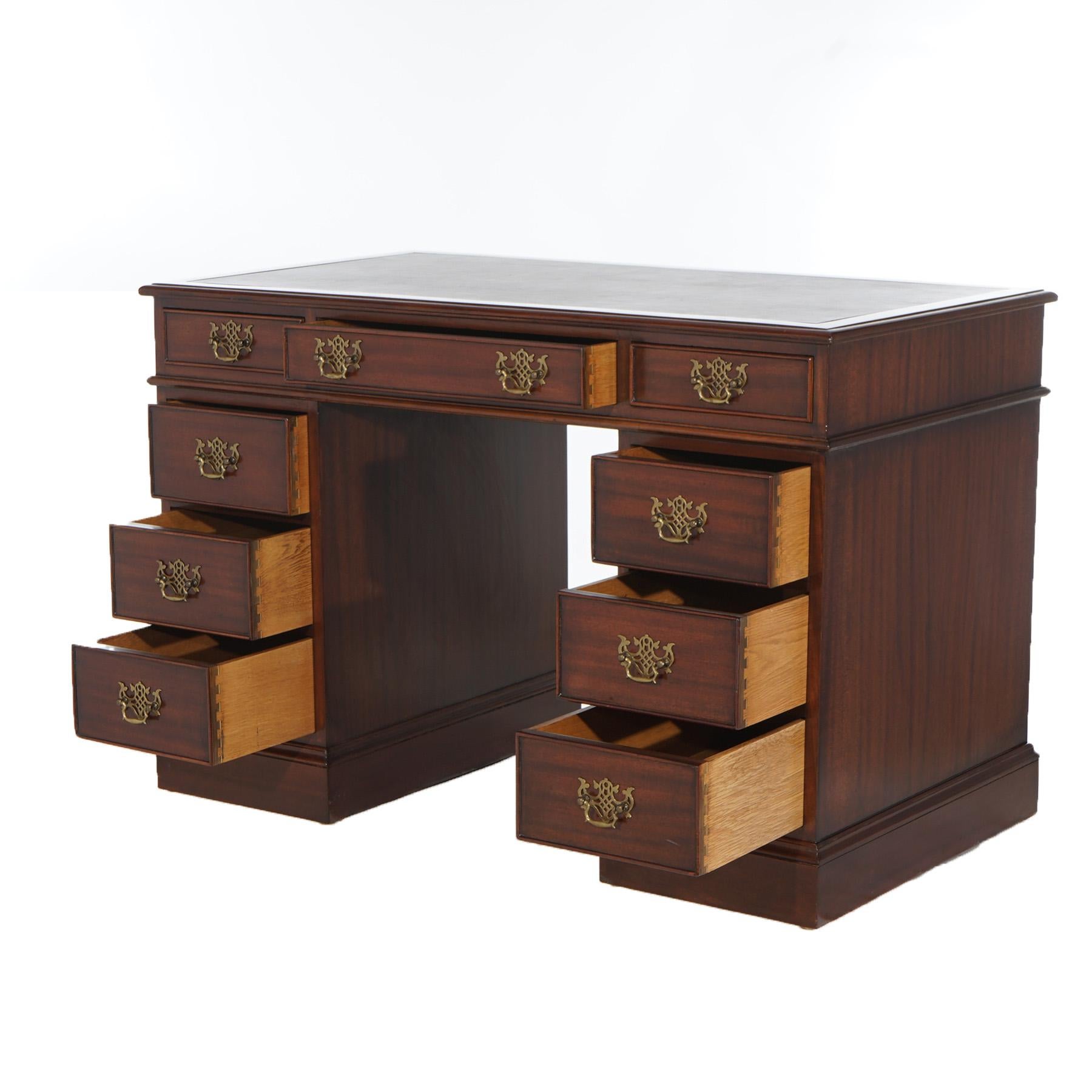 ***Ask About Reduced In-House Delivery Rates - Reliable Professional Service & Fully Insured***
Kittinger Chippendale Style Mahogany Knee Hole Desk with Drawer Towers and Pierced Batwing Handles, 20thC

Measures - 30