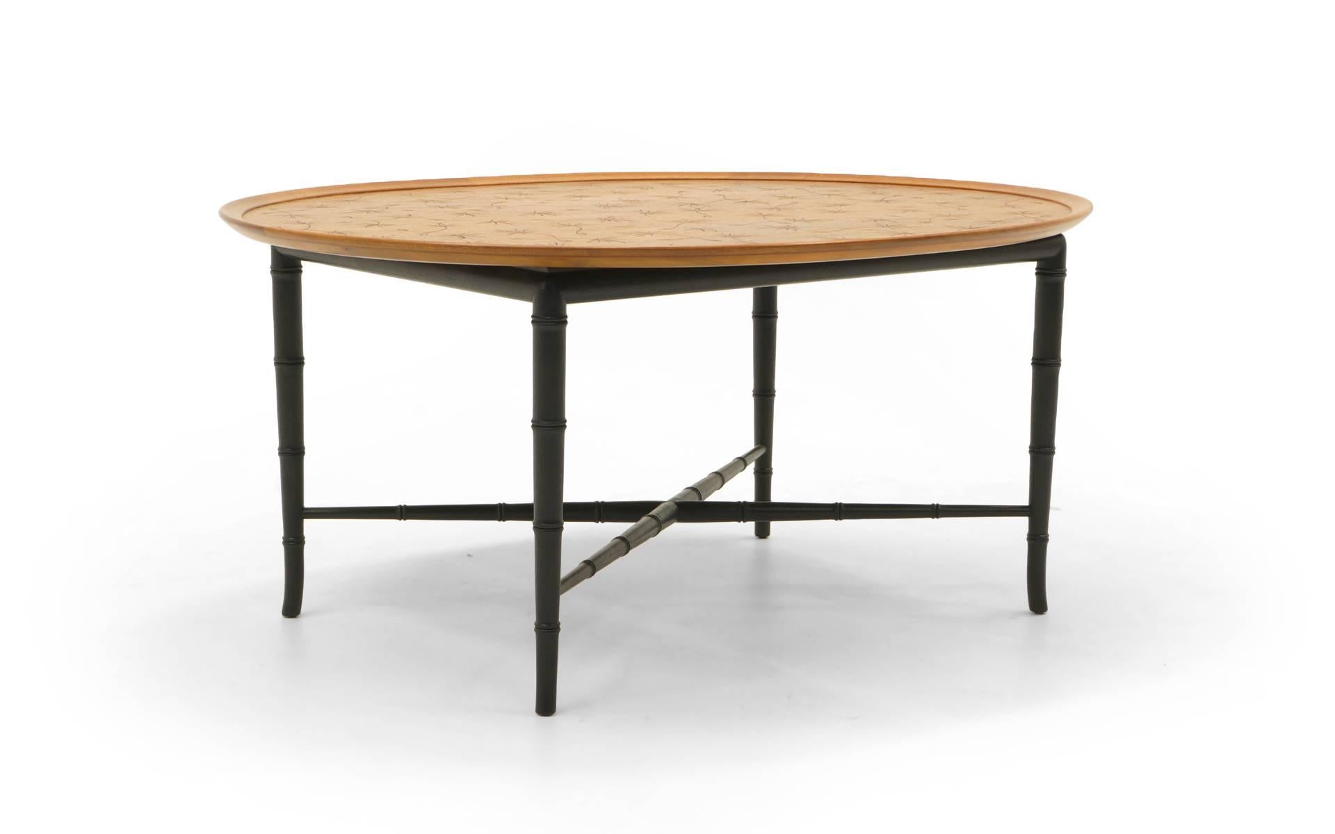 Mid-Century Modern Kittinger Coffee Table with Faux Bamboo Legs Incised Design on Top For Sale