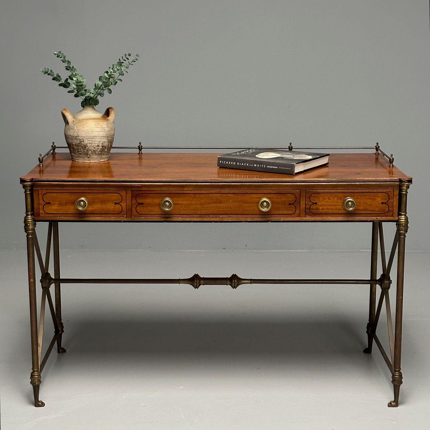 American Kittinger, English Regency, Campaign Desk, Rosewood, Satinwood, Brass, USA 1950s For Sale