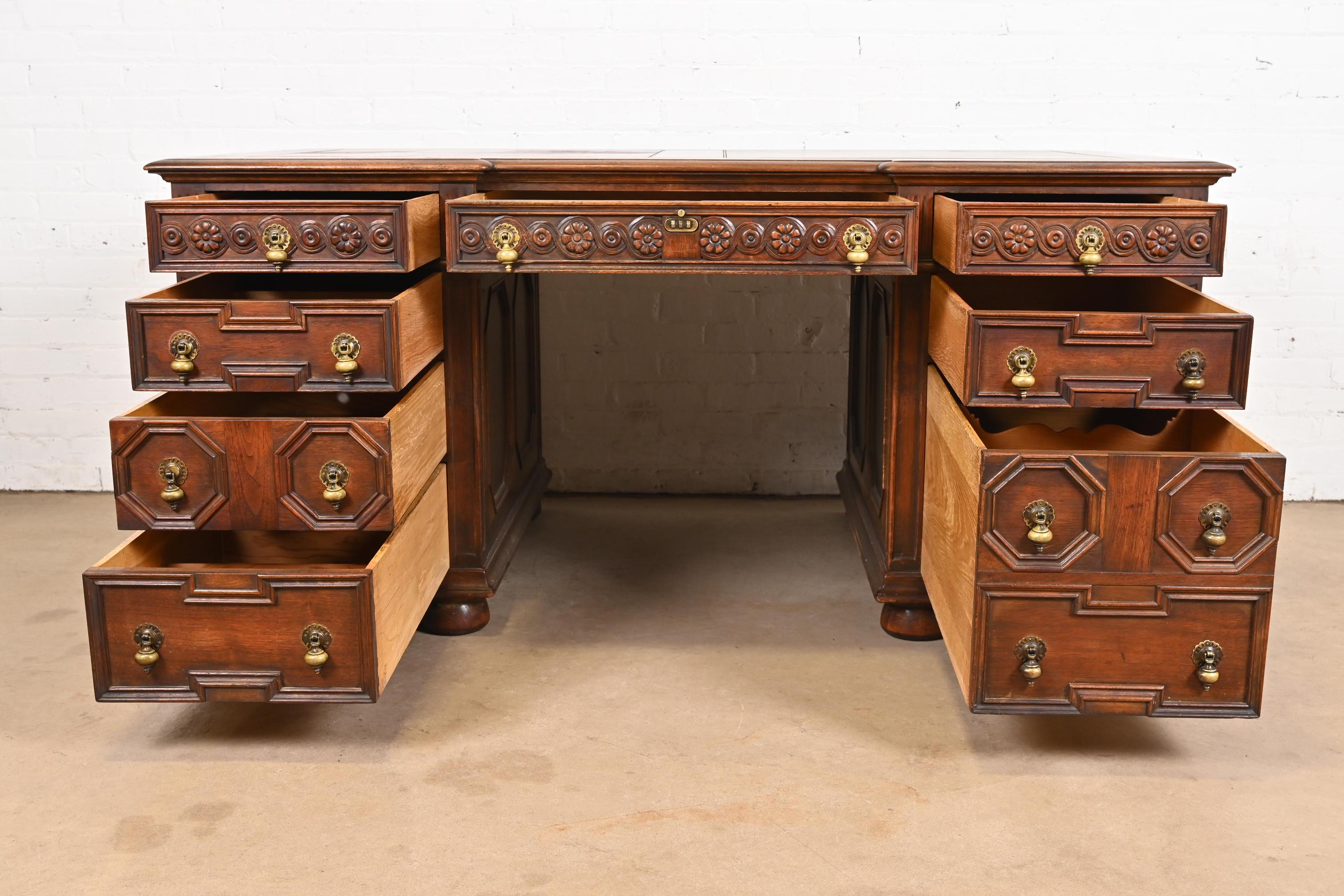 Brass Kittinger English Tudor Carved Walnut Executive Desk, Circa 1920s