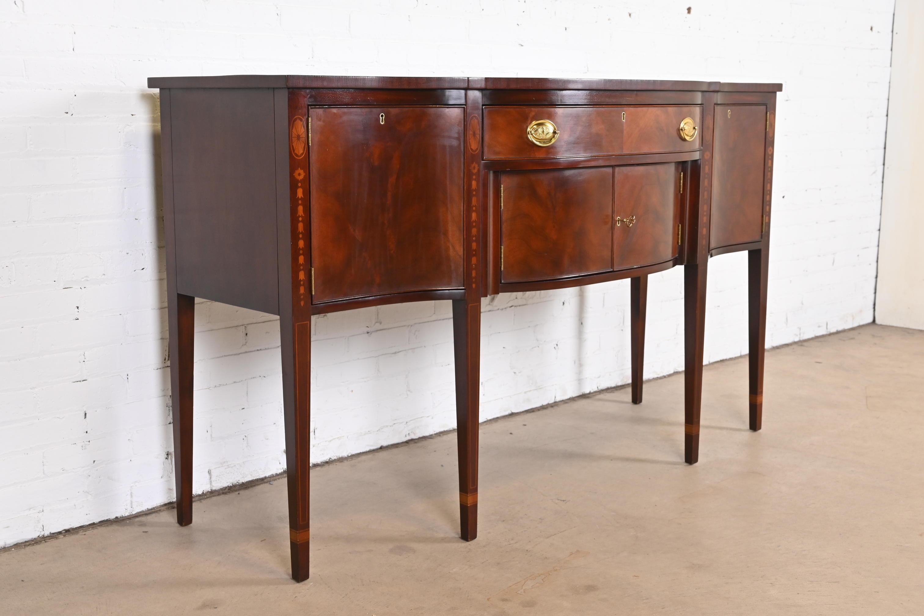 Brass Kittinger Federal Inlaid Mahogany Bow Front Sideboard Credenza