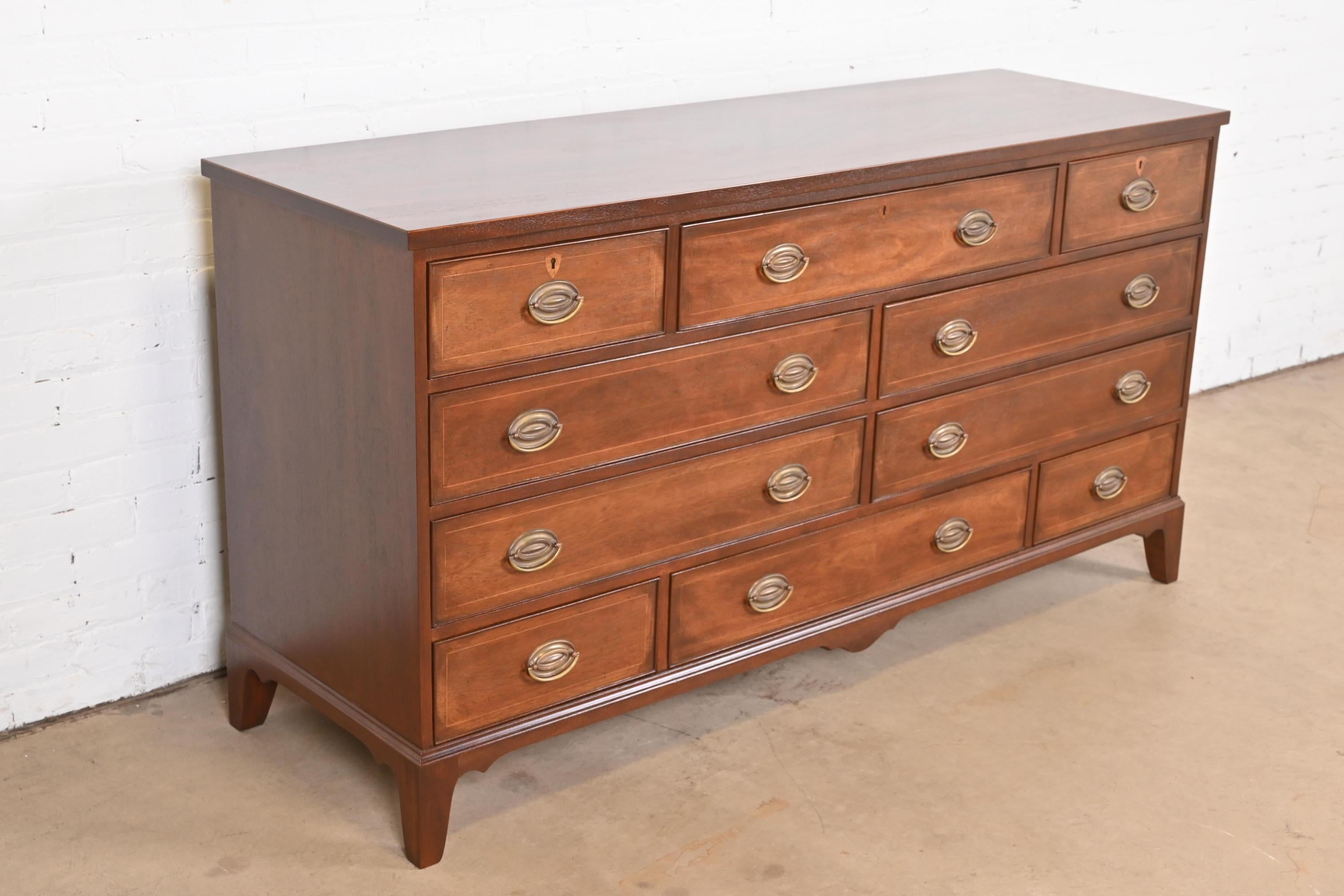Brass Kittinger Federal Inlaid Mahogany Ten-Drawer Dresser, Newly Refinished For Sale