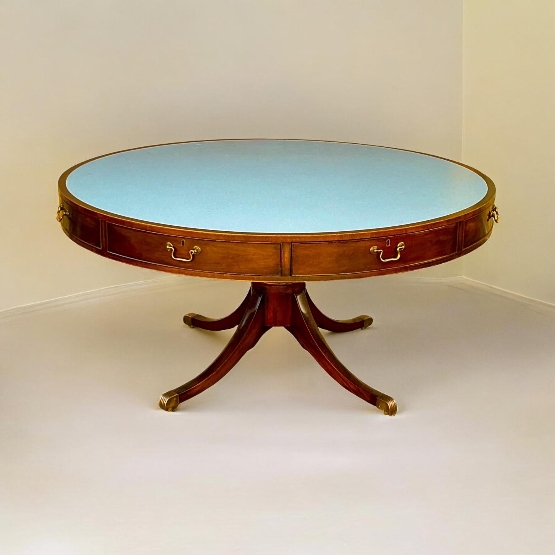 American Kittinger Federal Style Blue Leather Mahogany Rent / Center / Dining Table