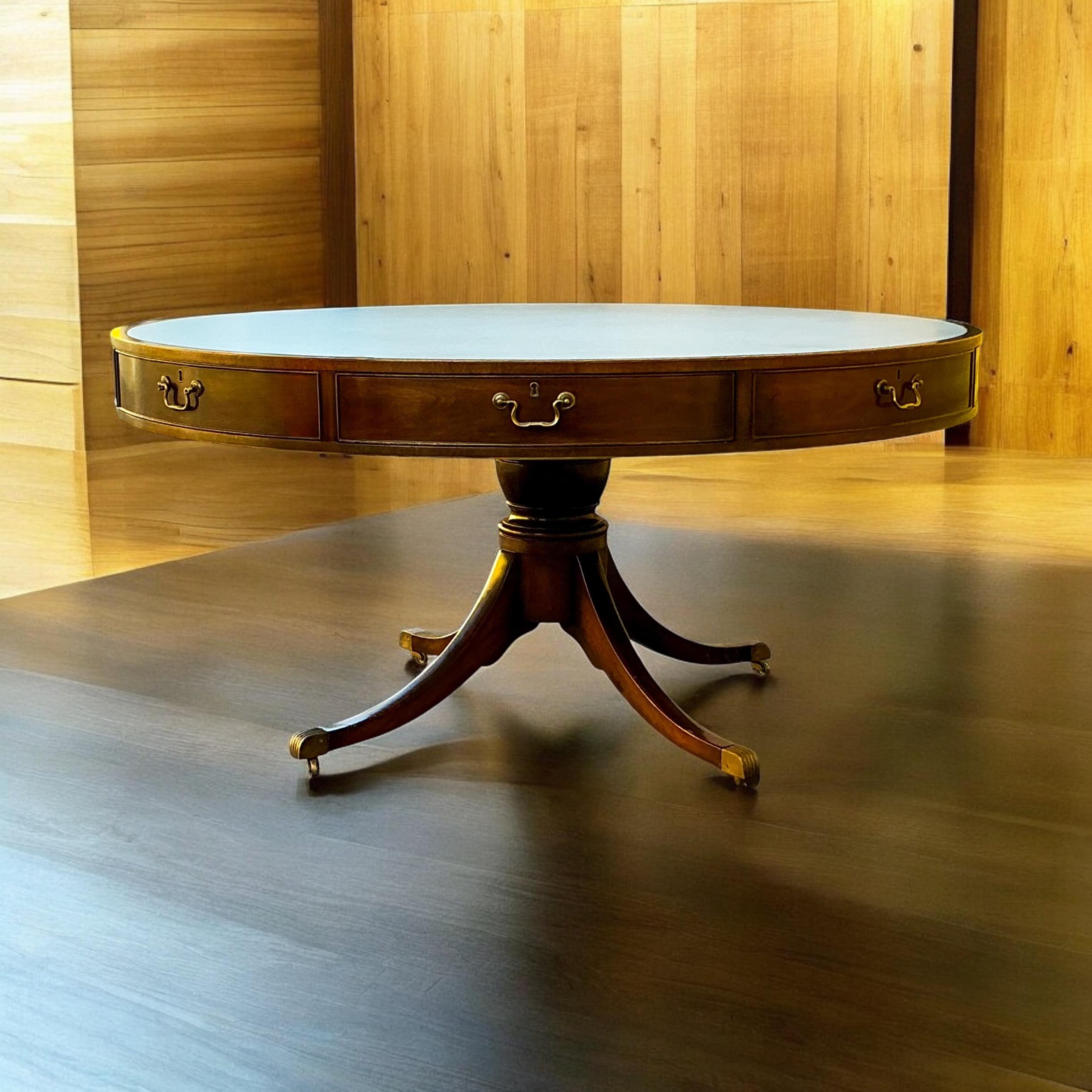 Kittinger Federal Style Blue Leather Mahogany Rent / Center / Dining Table In Good Condition In Kennesaw, GA