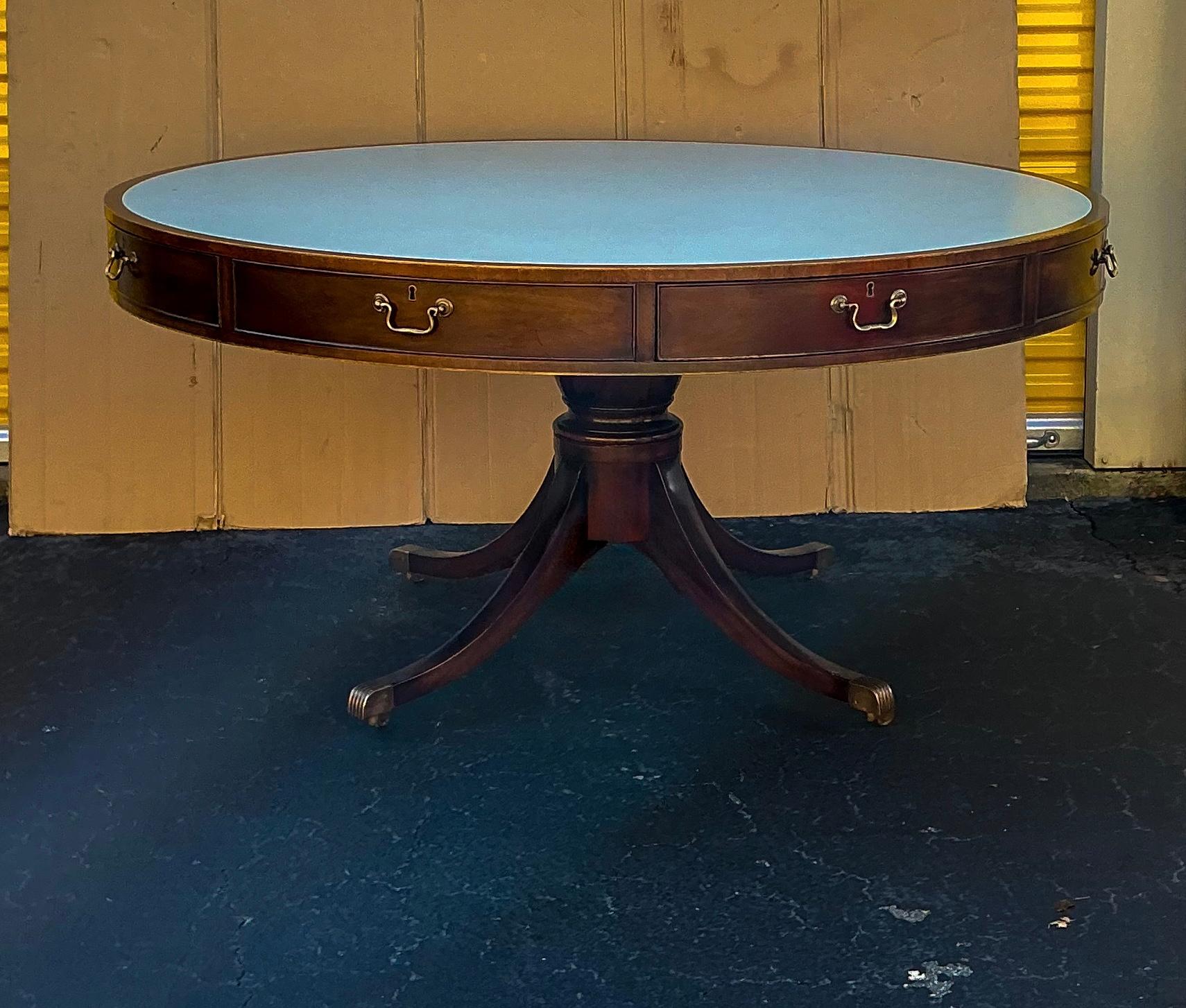 20th Century Kittinger Federal Style Blue Leather Mahogany Rent / Center / Dining Table