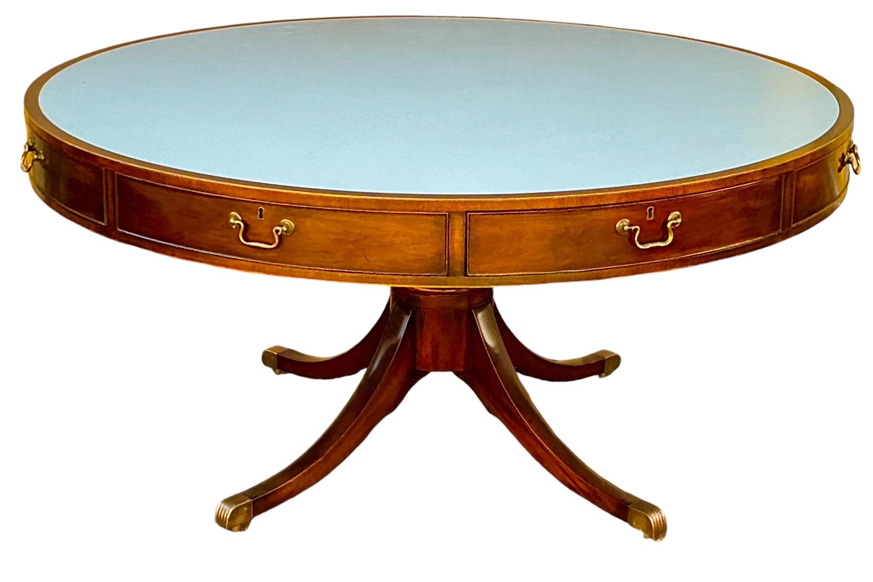Brass Kittinger Federal Style Blue Leather Mahogany Rent / Center / Dining Table