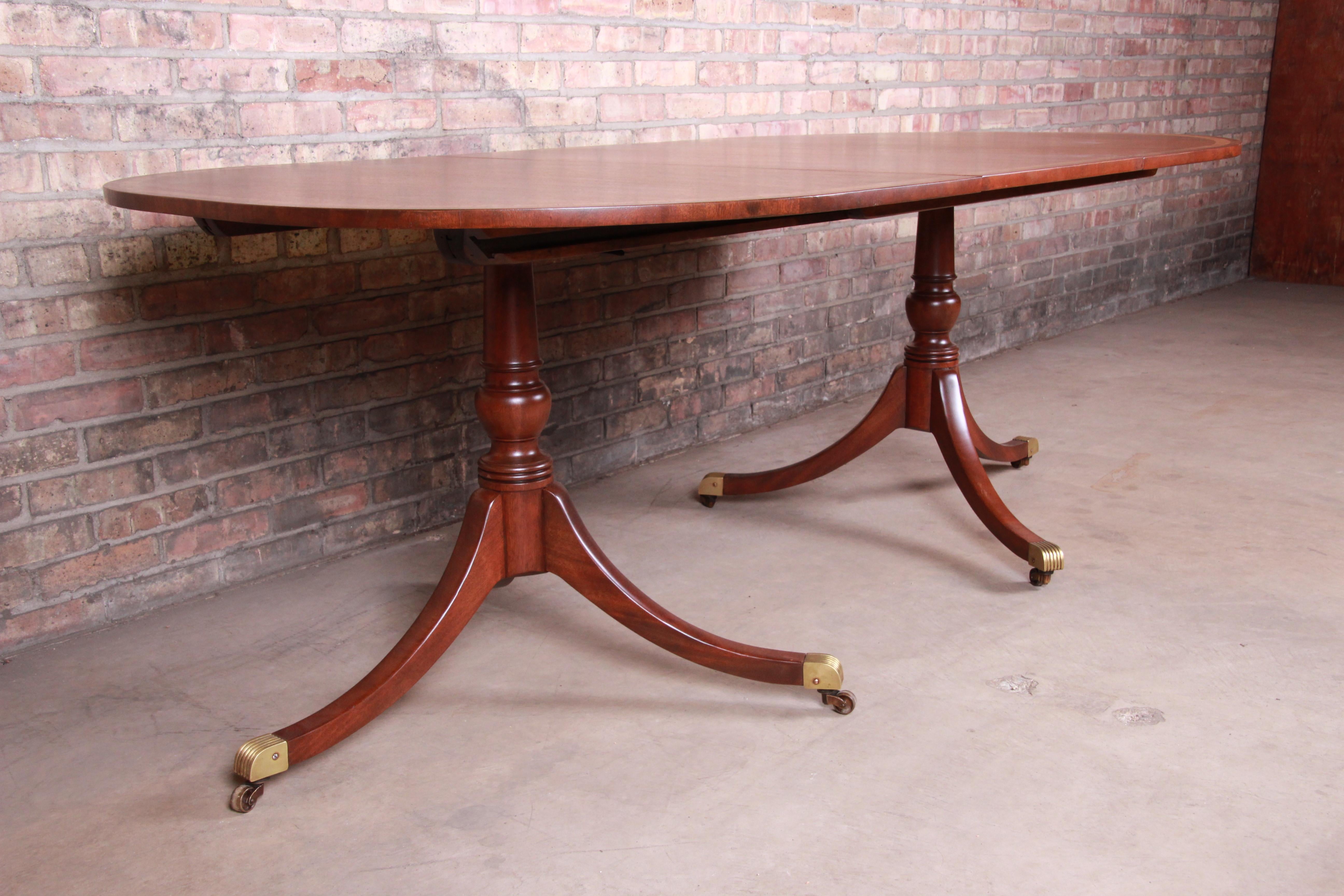 American Kittinger Georgian Banded Mahogany Double Pedestal Dining Table, Newly Restored