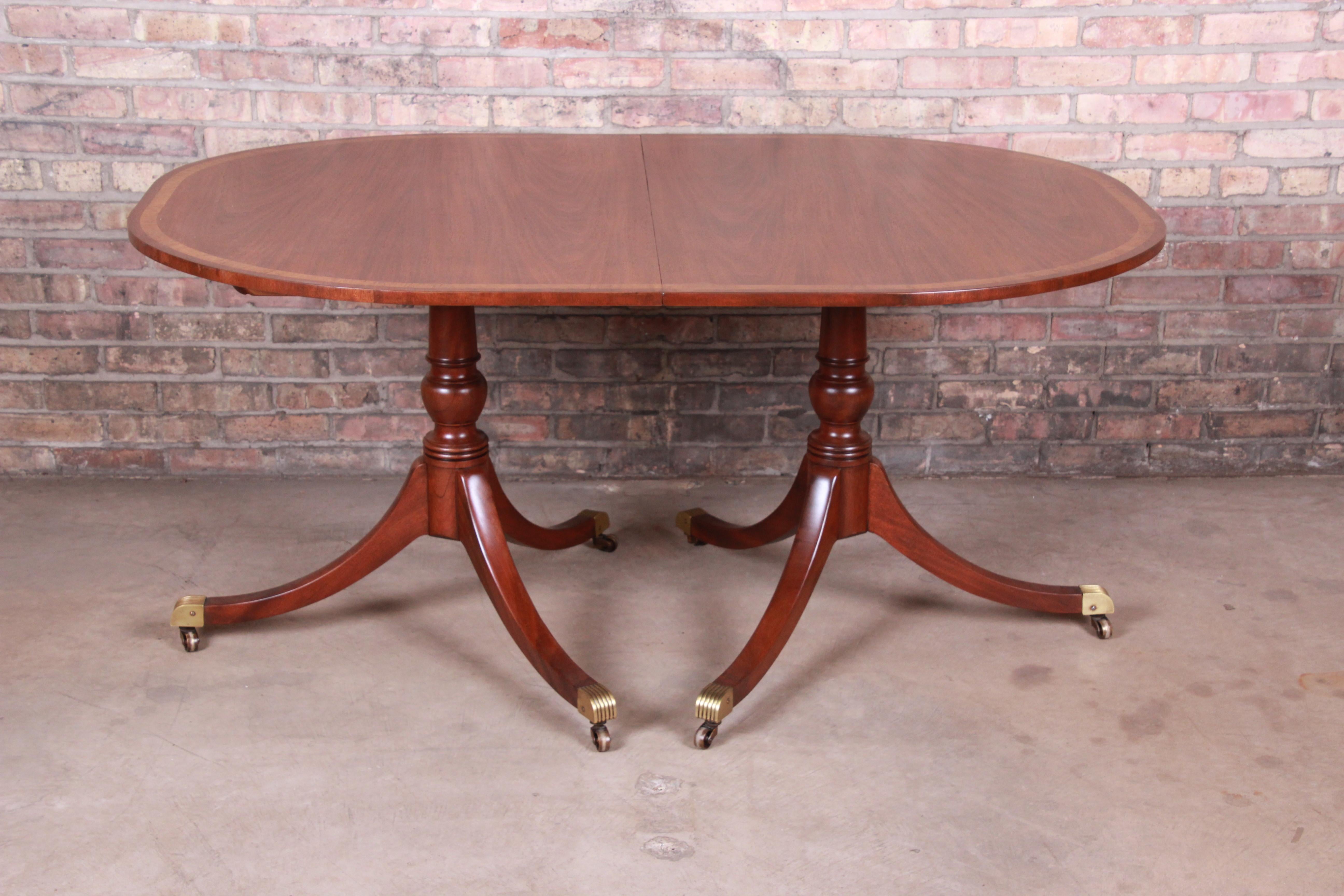 20th Century Kittinger Georgian Banded Mahogany Double Pedestal Dining Table, Newly Restored