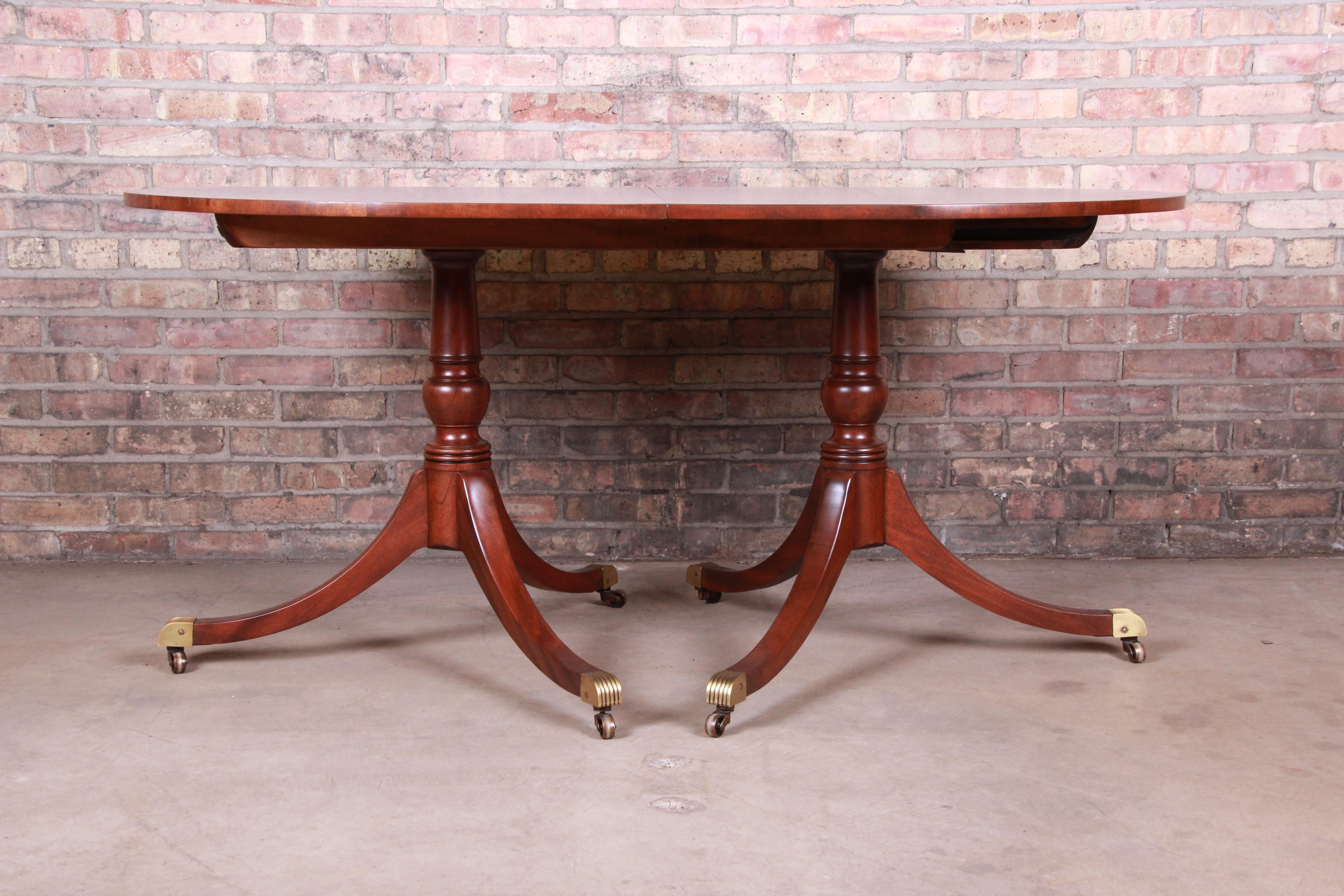 Brass Kittinger Georgian Banded Mahogany Double Pedestal Dining Table, Newly Restored