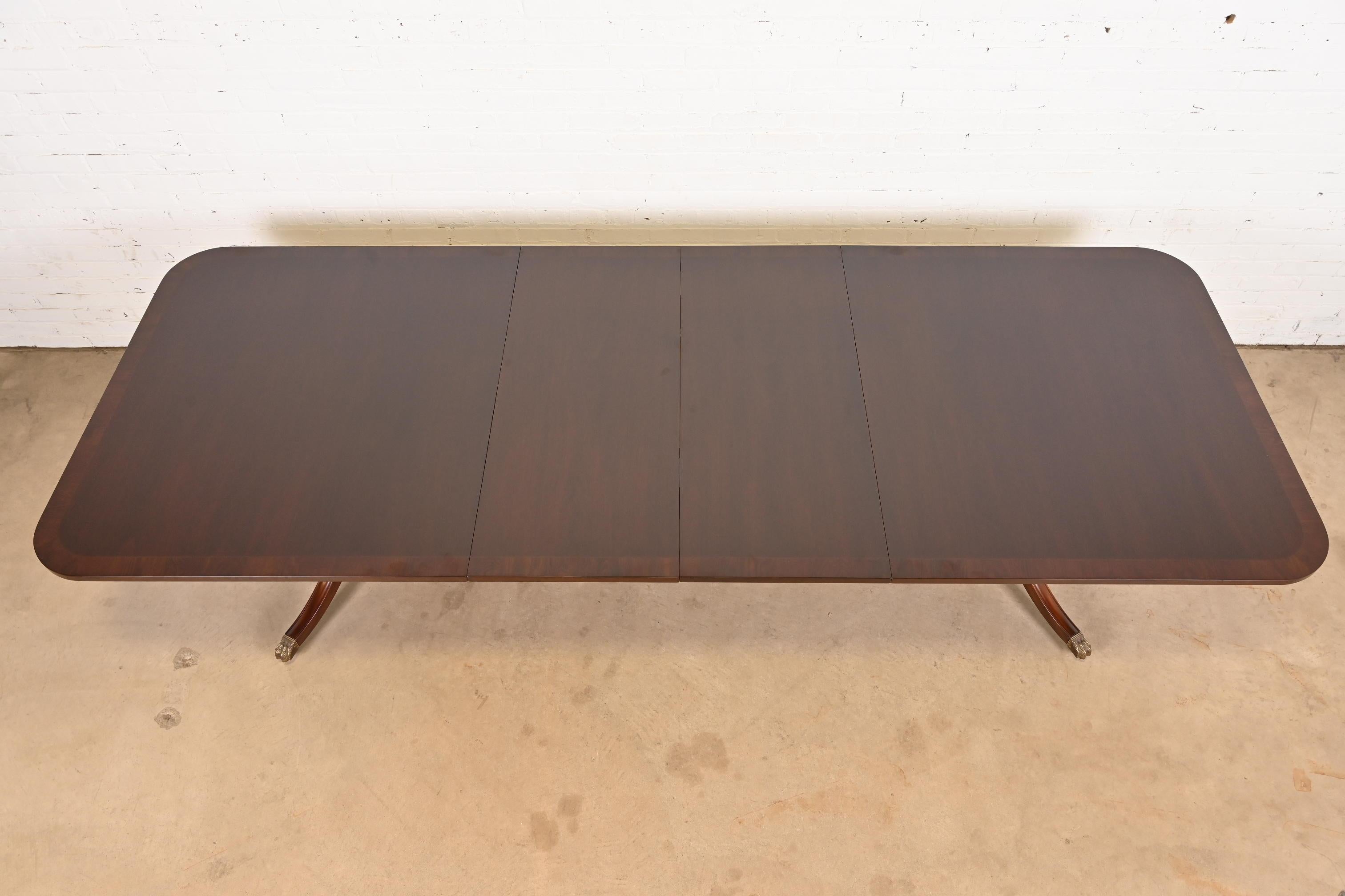 Brass Kittinger Georgian Banded Mahogany Double Pedestal Dining Table, Refinished For Sale