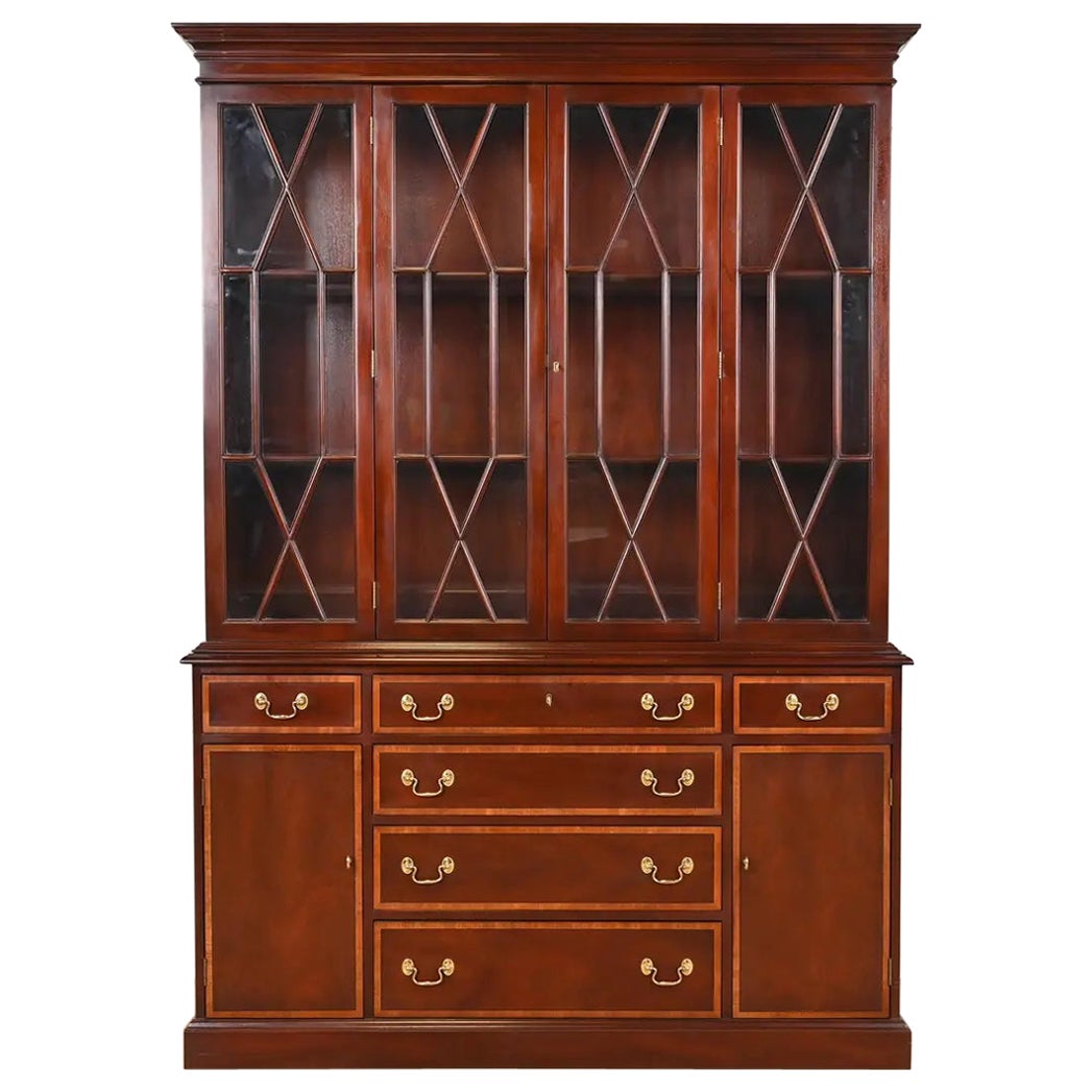 Kittinger Georgian Banded Mahogany Lighted Breakfront Bookcase Cabinet